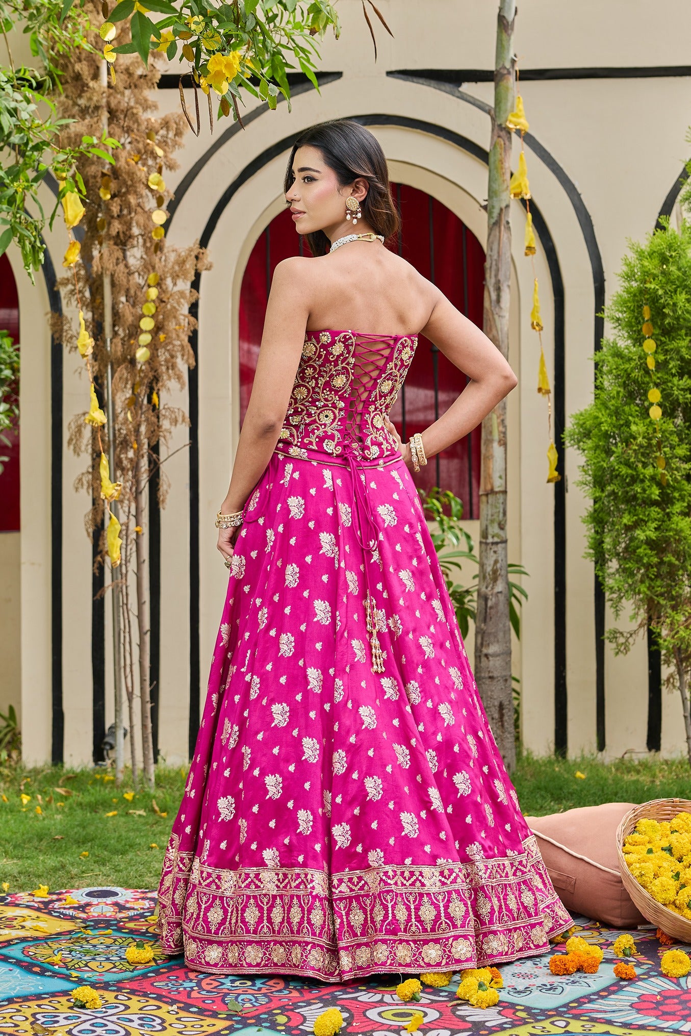 Plum Mirror-Embellished Corset & Banarasi Lehenga Set