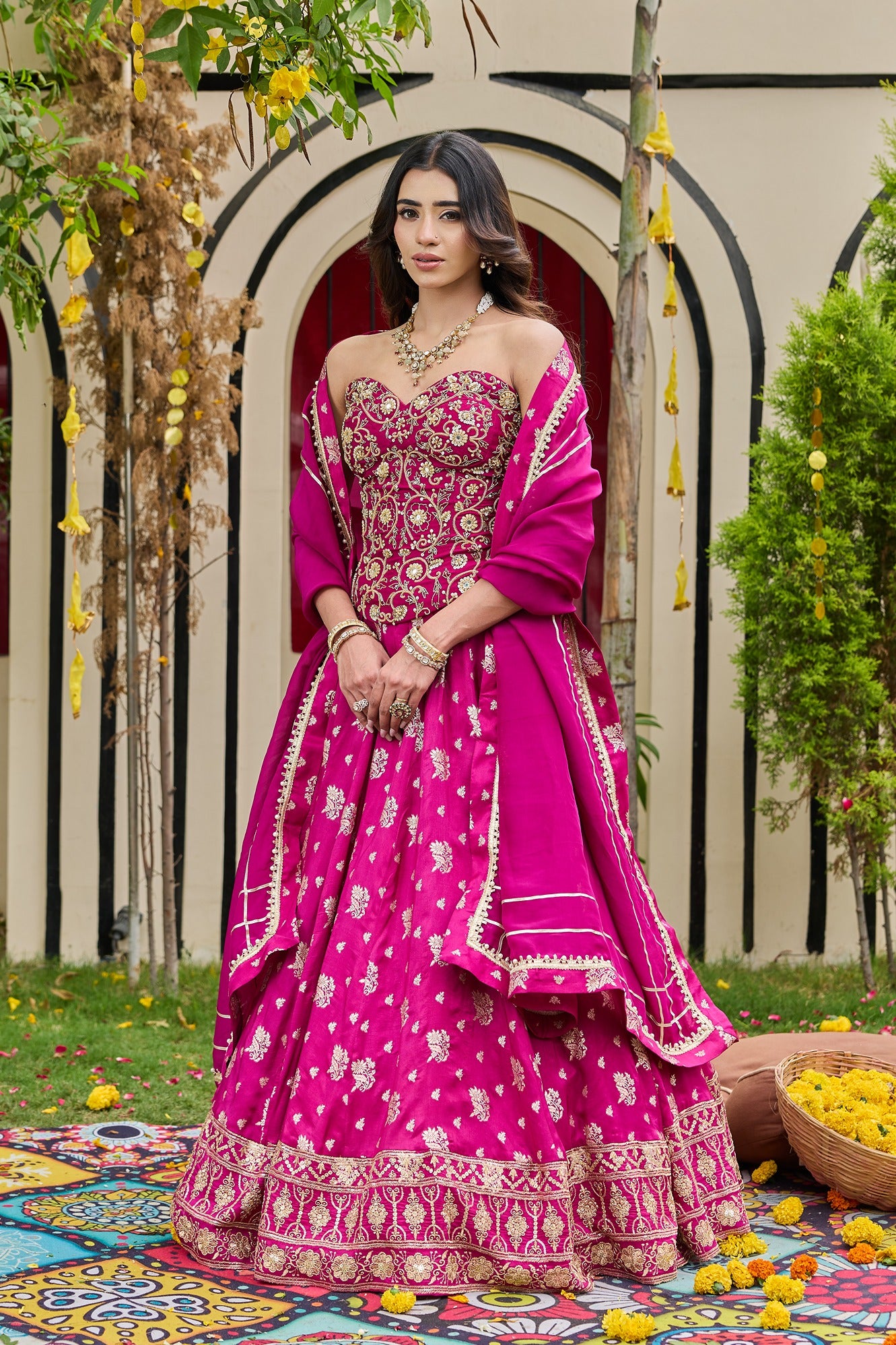Plum Mirror-Embellished Corset & Banarasi Lehenga Set