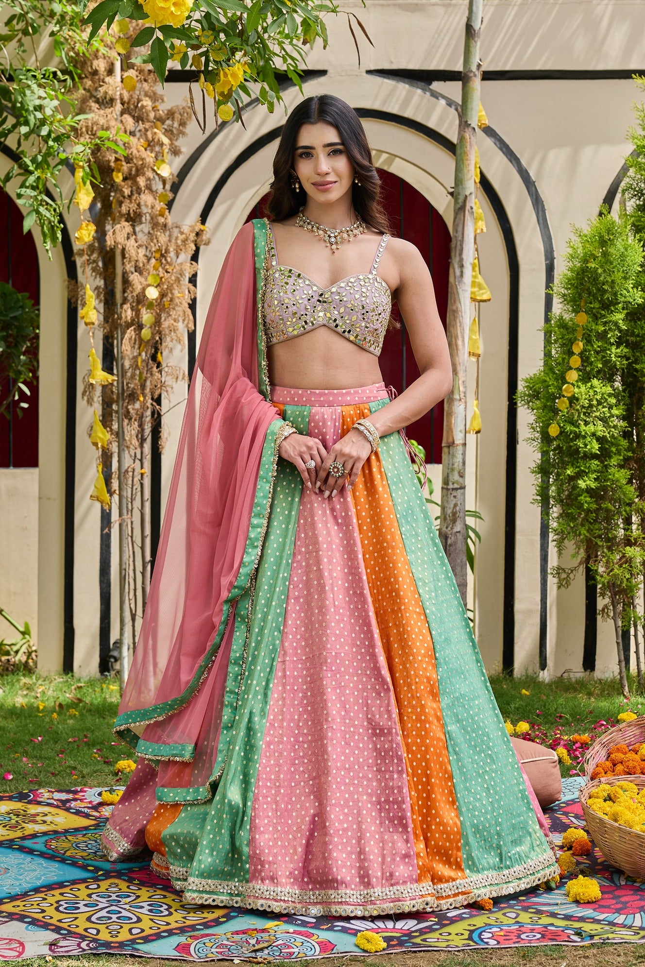 Mauve Mirror-Encrusted Bustier & Multi-Panel Lehenga Set