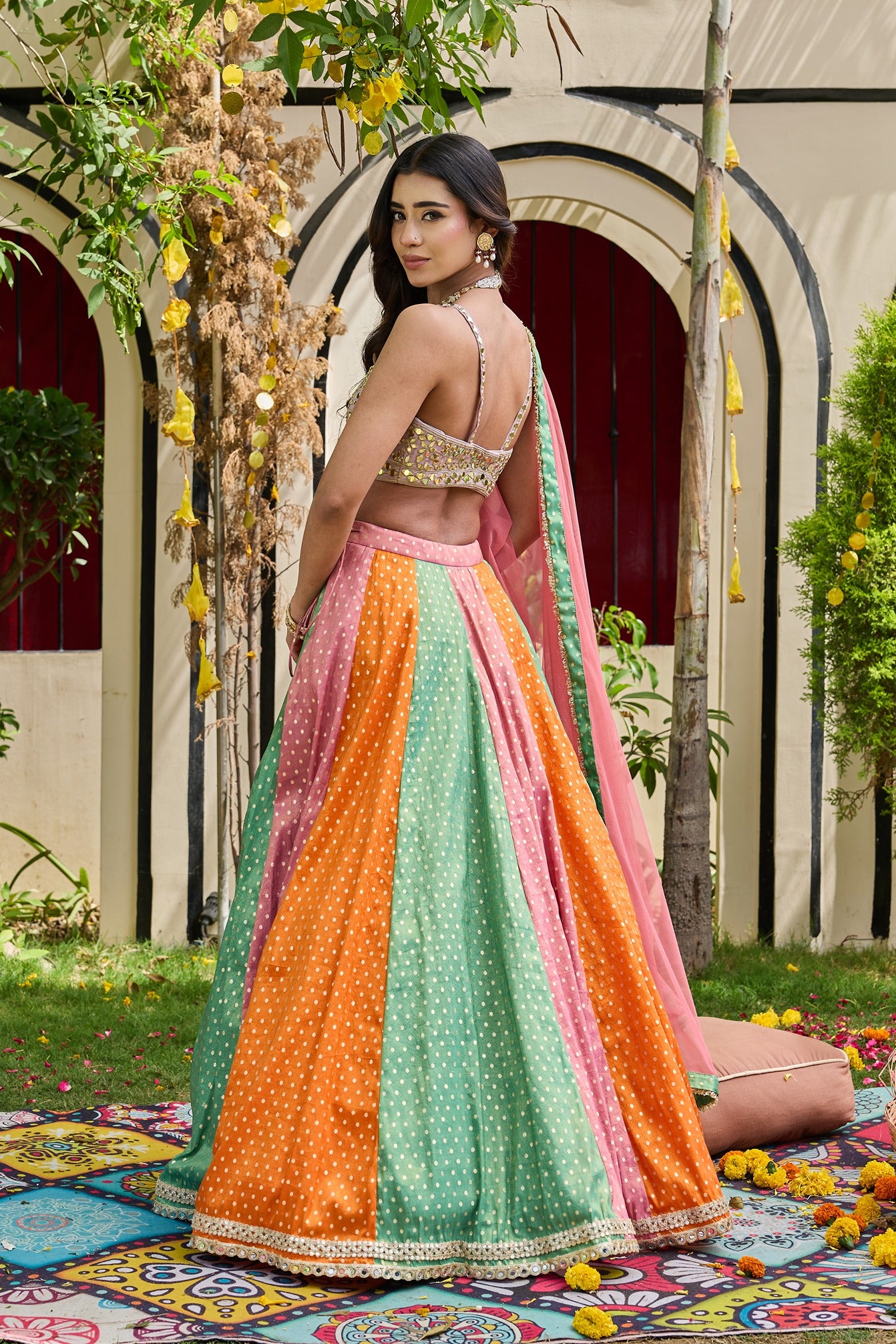 Mauve Mirror-Encrusted Bustier & Multi-Panel Lehenga Set