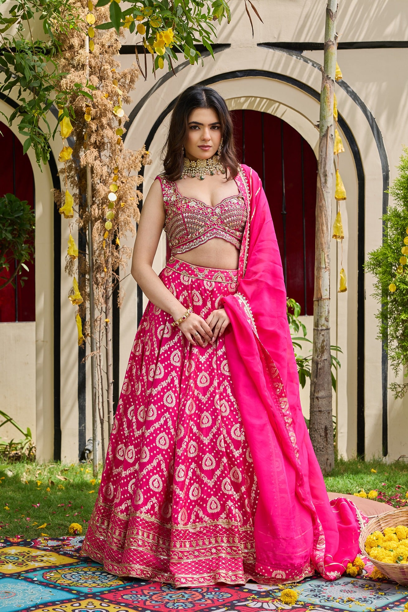 Fuchsia Mirrored Blouse & Brocade Lehenga Set