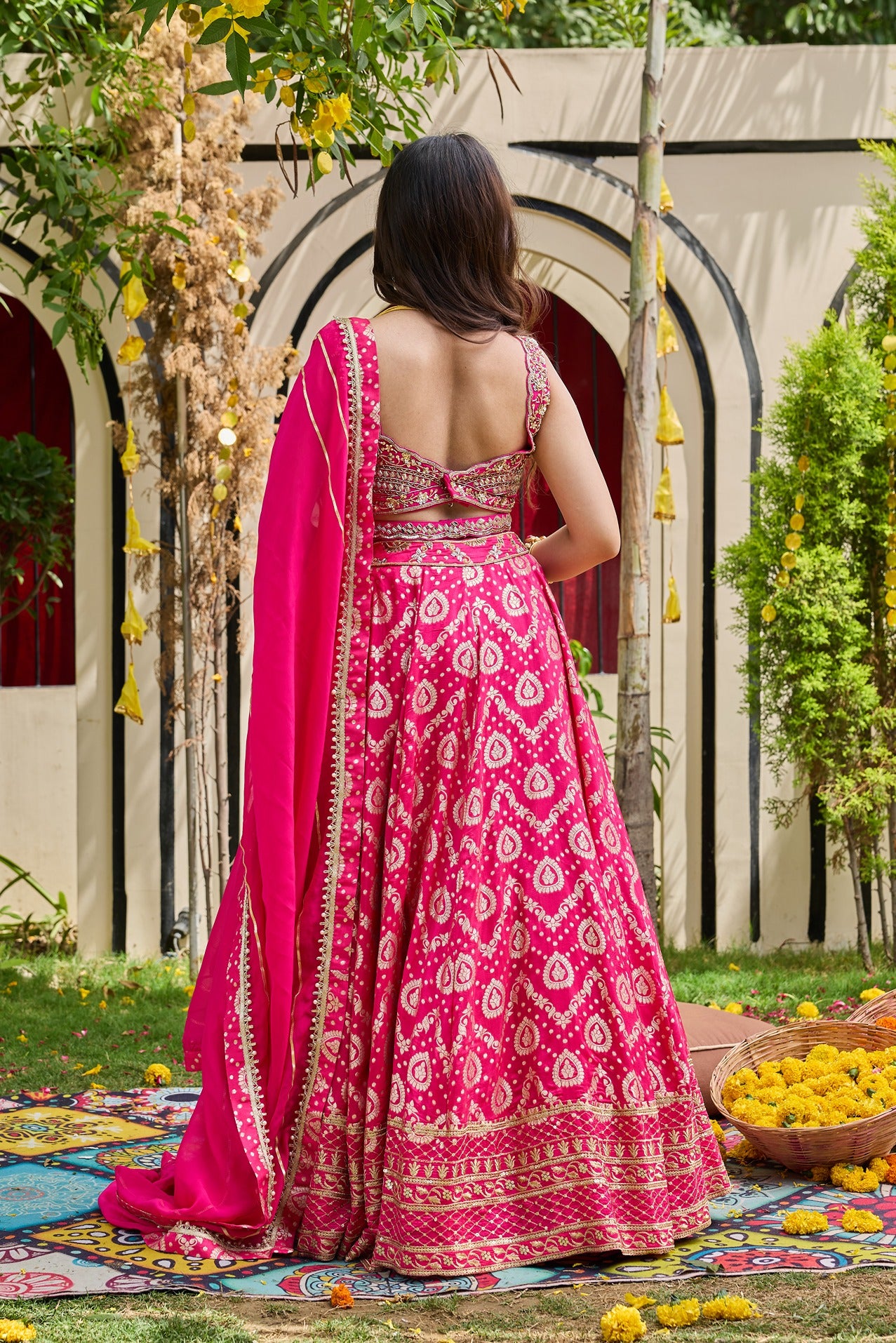 Fuchsia Mirrored Blouse & Brocade Lehenga Set