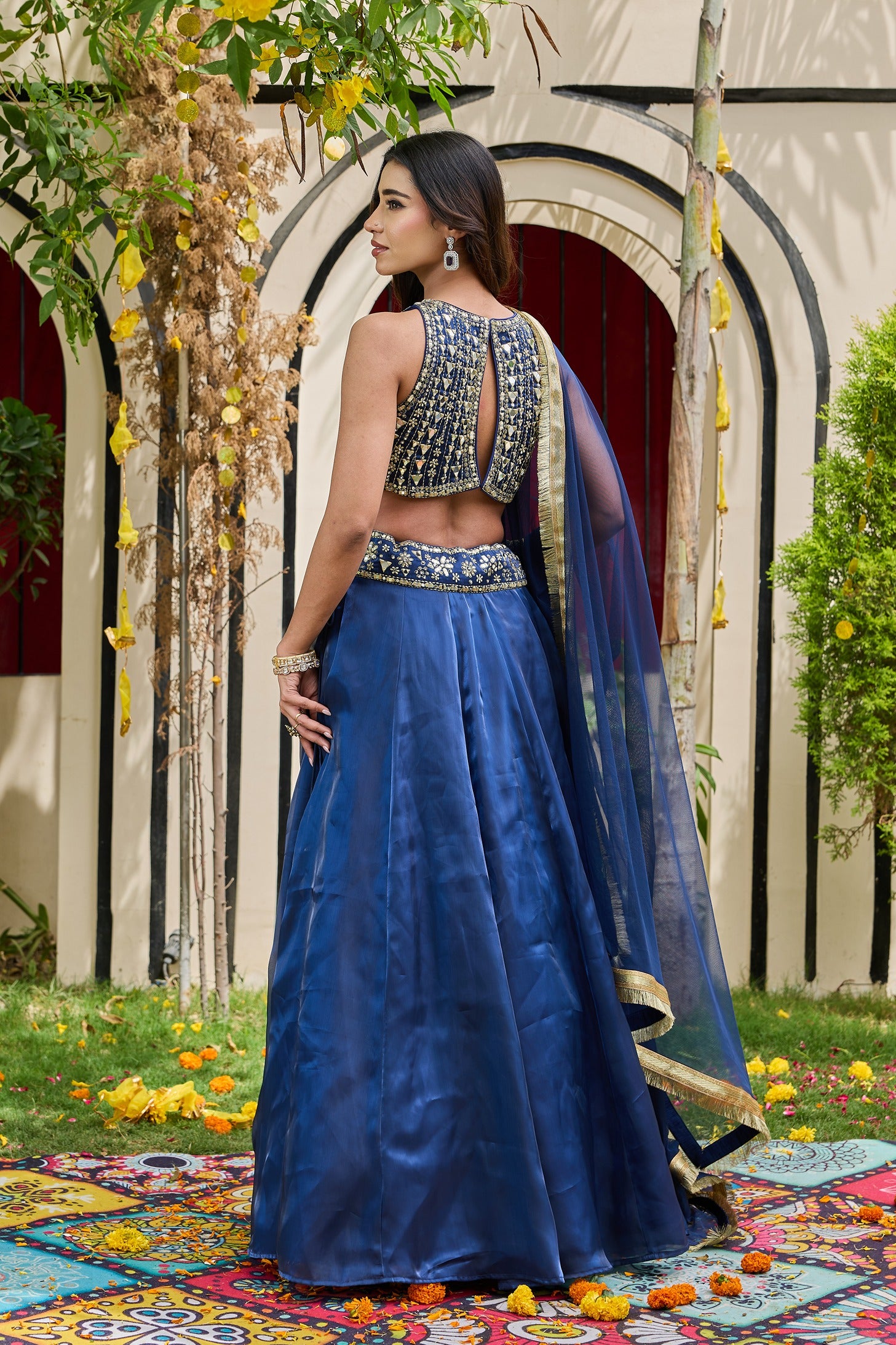 Navy Blue Blouse And Shimmer Organza Lehnga Set