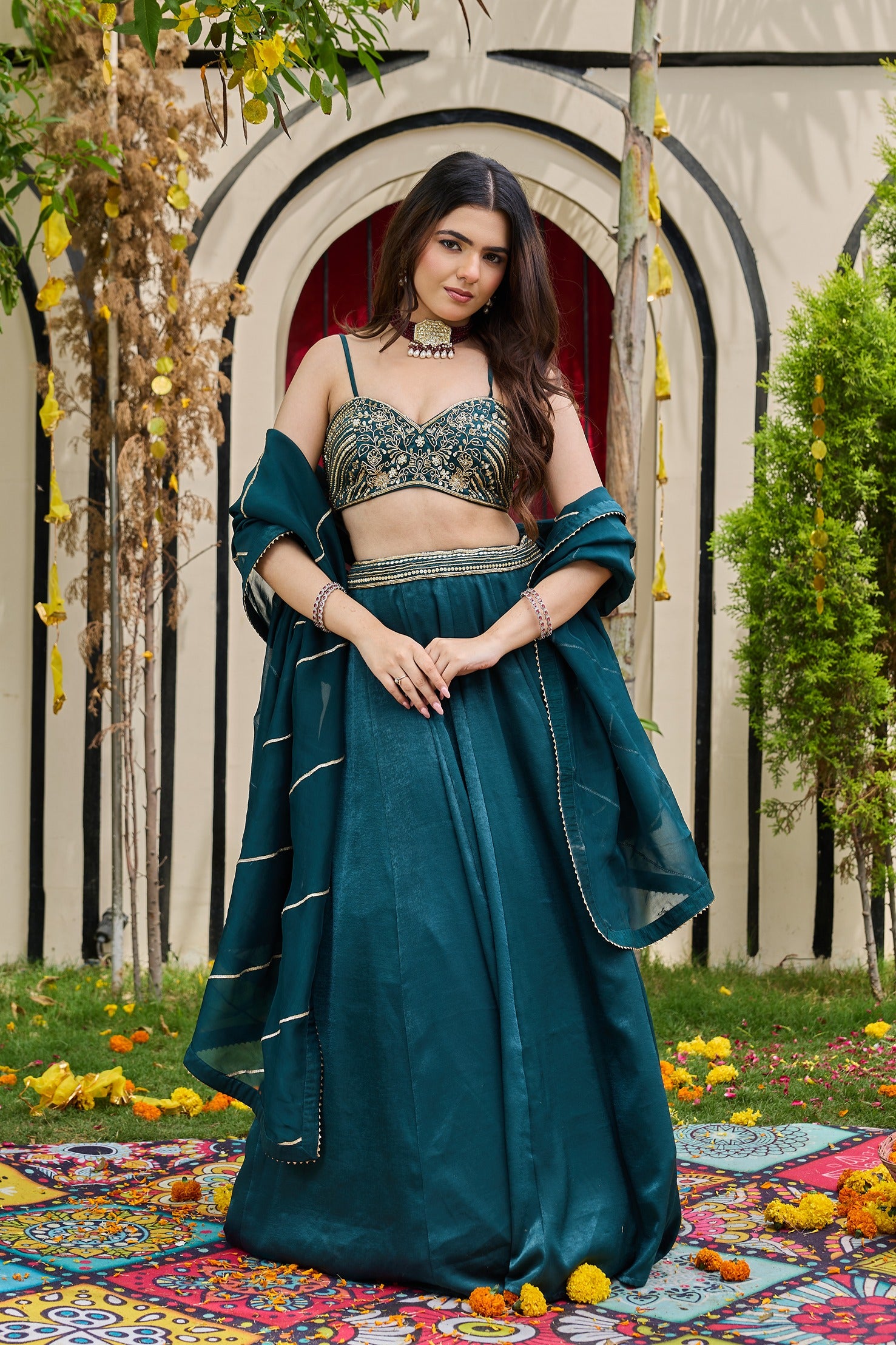 Emerald Zardosi Bustier & Shimmering Crepe Lehenga Set