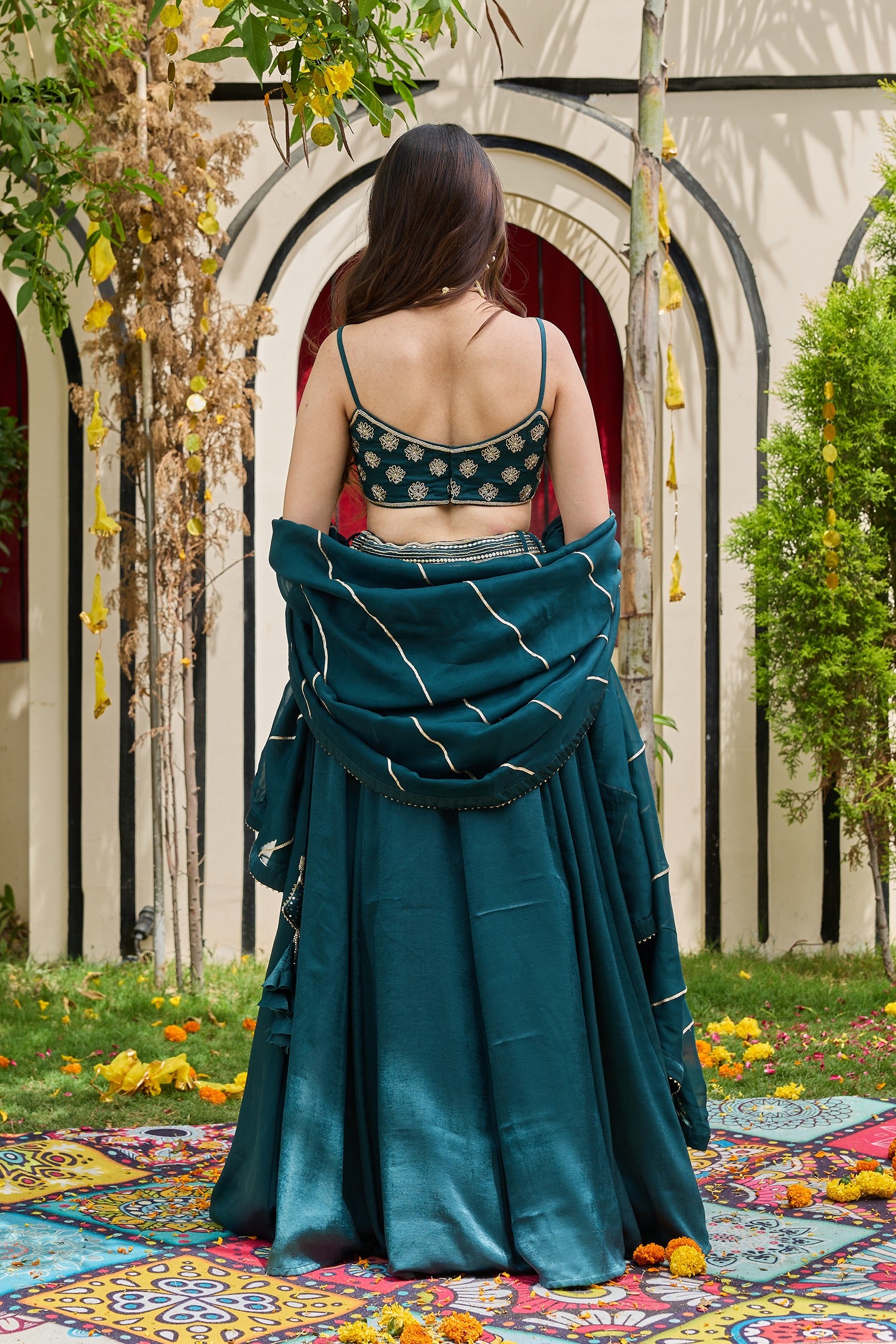 Emerald Zardosi Bustier & Shimmering Crepe Lehenga Set