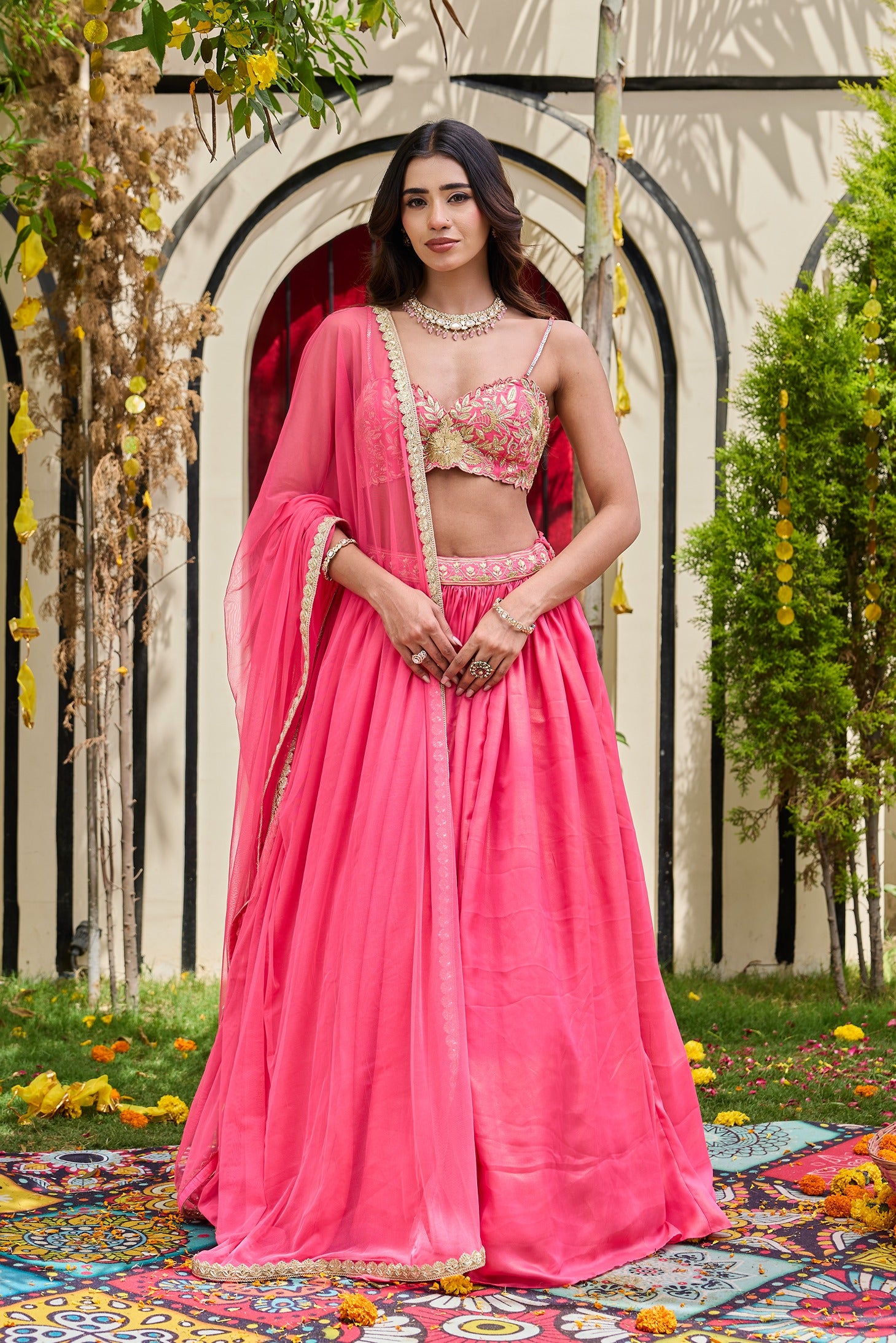 Pink Shimmer Bustier & Georgette Lehenga Set