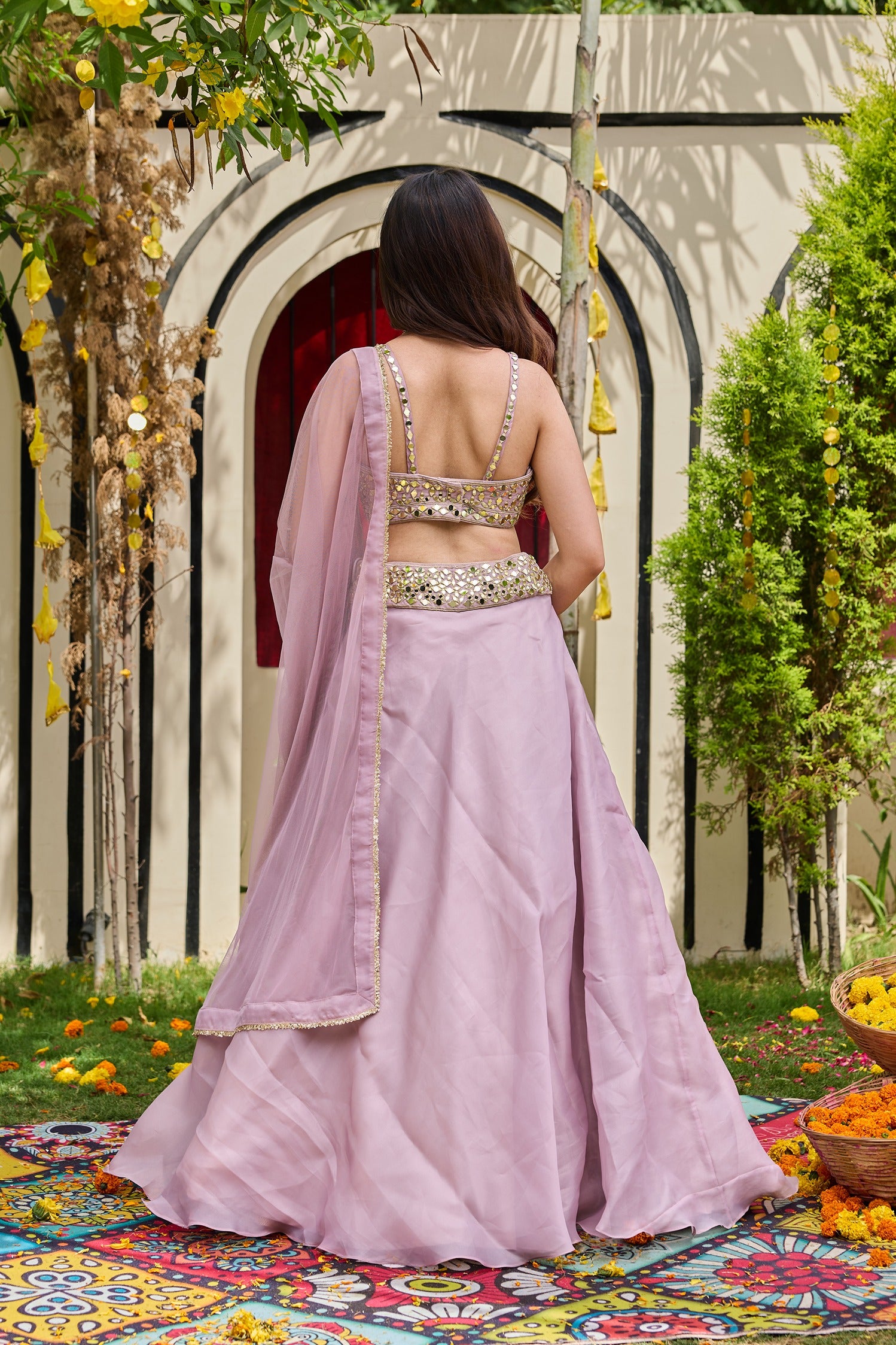 Mauve Mirror-Encrusted Bustier & Organza Lehenga Set