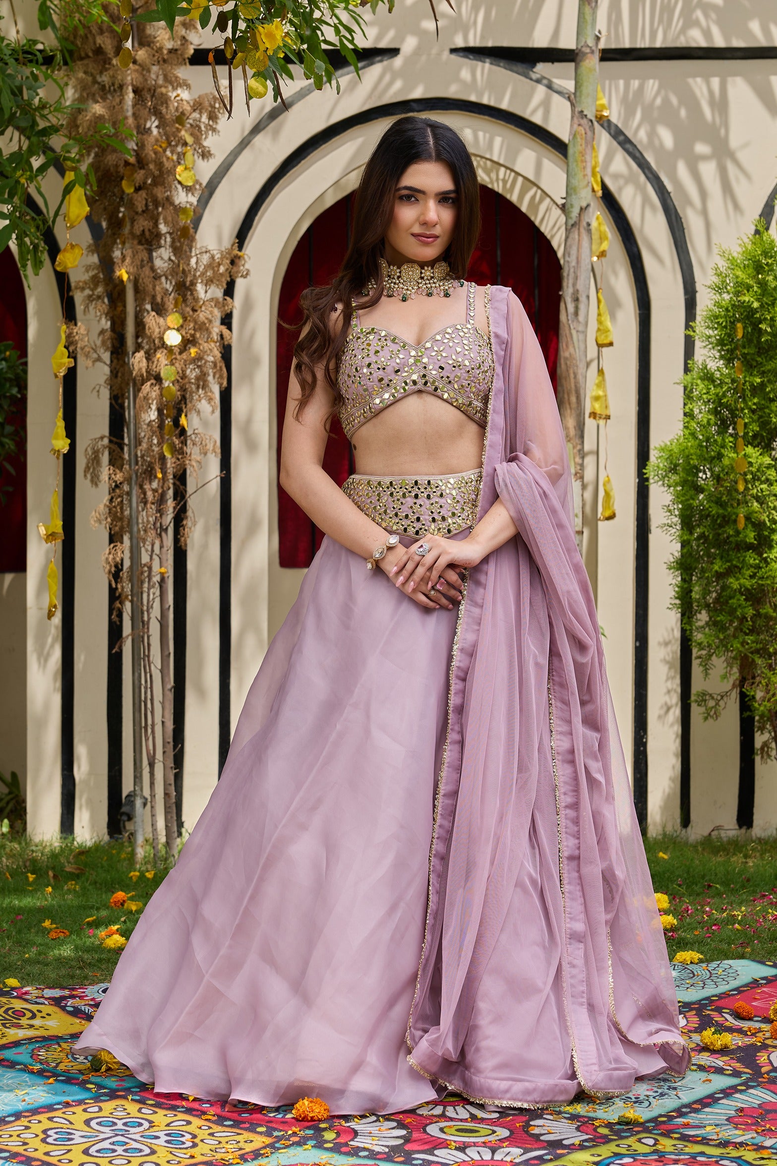 Mauve Mirror-Encrusted Bustier & Organza Lehenga Set