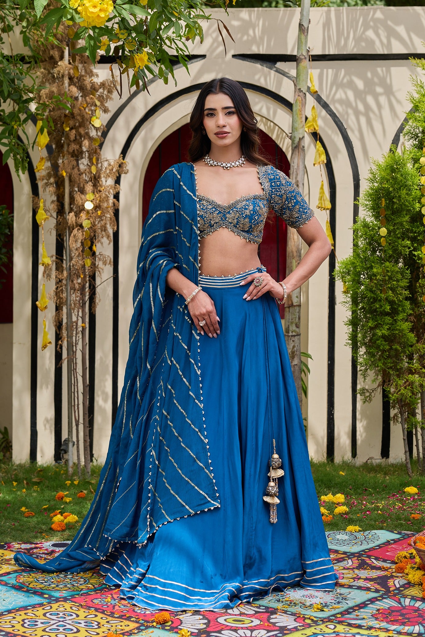 Deep Blue Crepe Zardosi Blouse & Flowy Lehenga Set