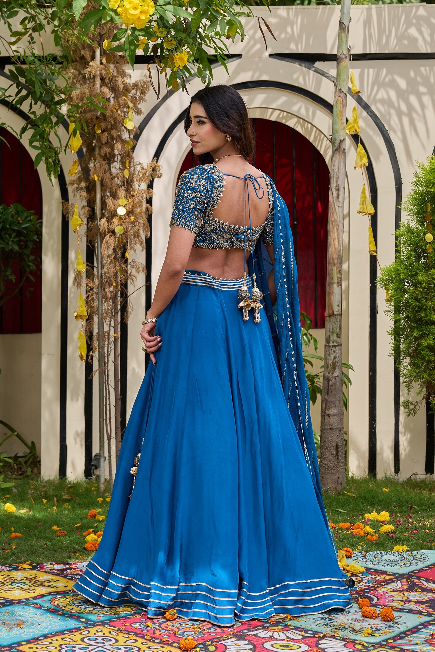 Deep Blue Crepe Zardosi Blouse & Flowy Lehenga Set