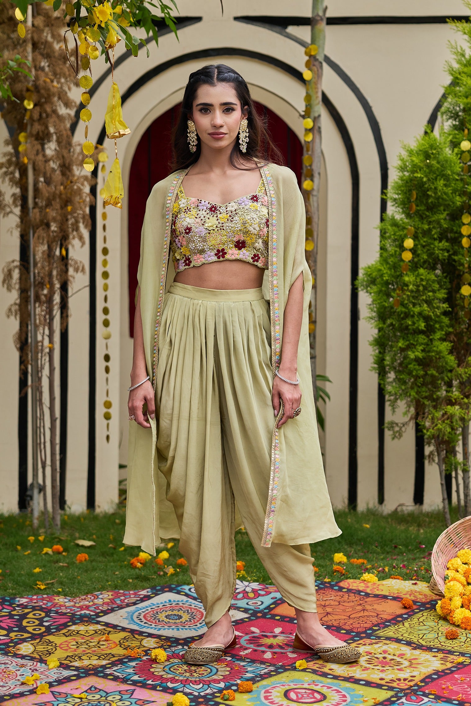 Sage Green Floral Bustier Dhoti & Cape Set