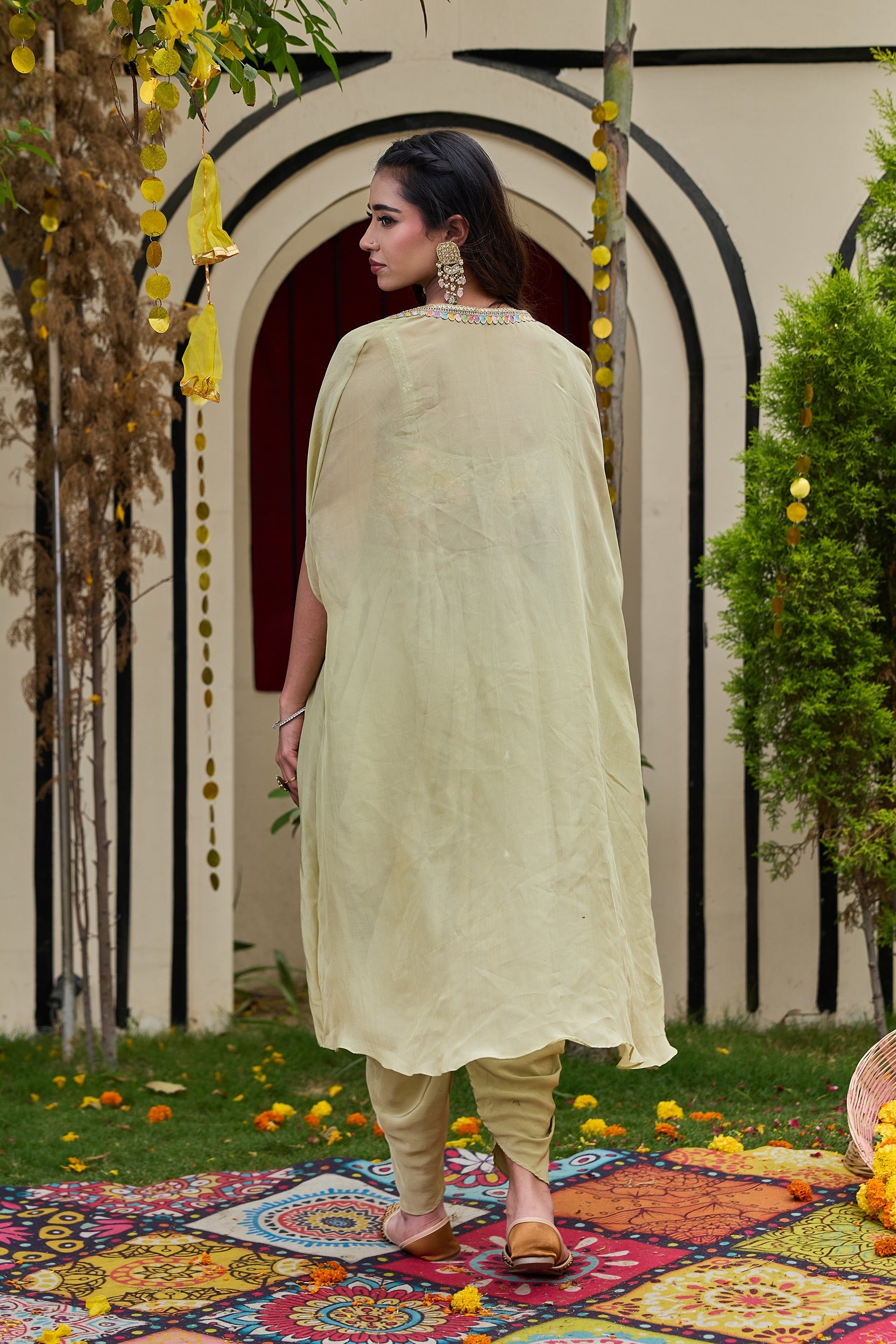 Sage Green Floral Bustier Dhoti & Cape Set