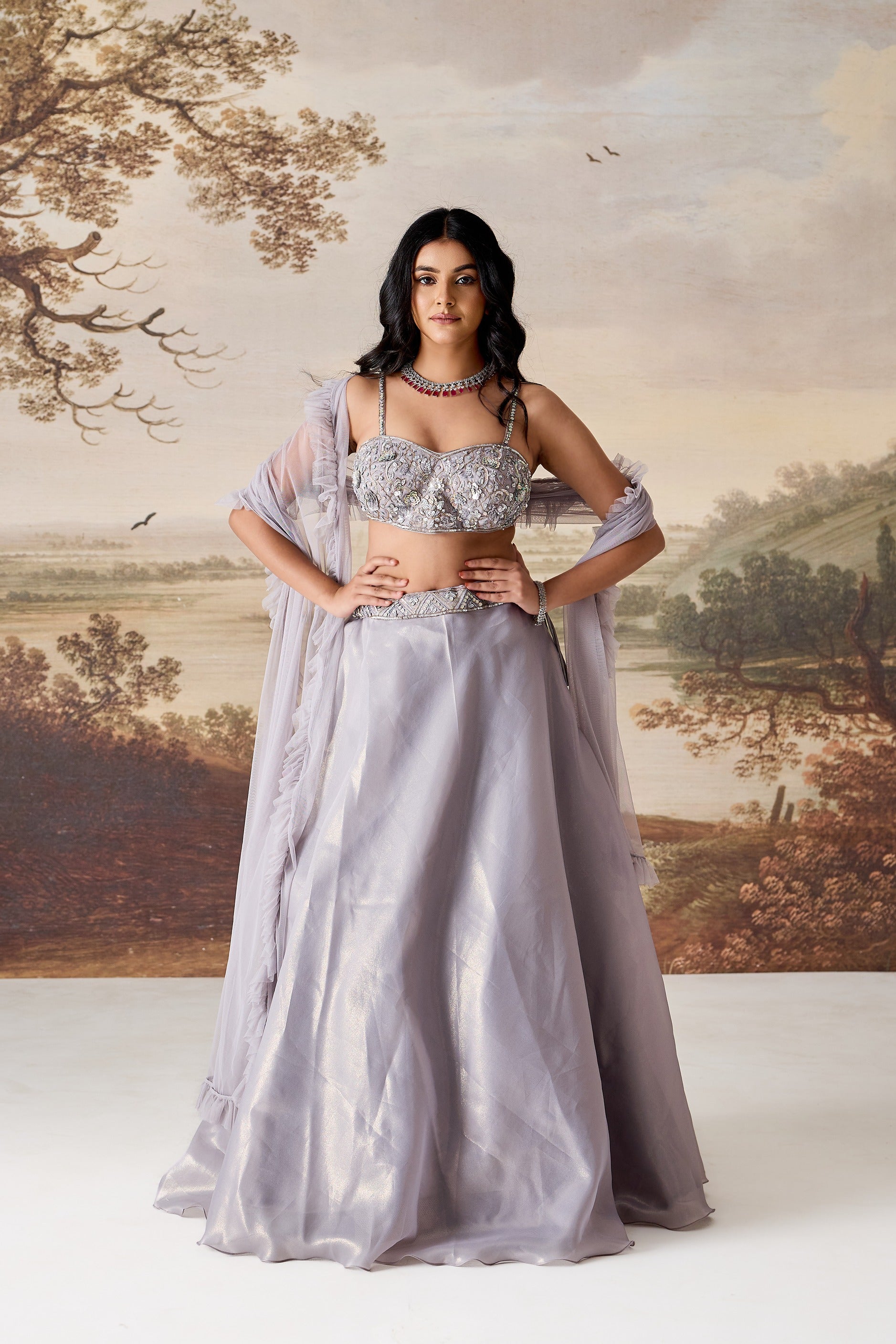 Silver Grey Emb Blouse Lehnga Dupatta Set