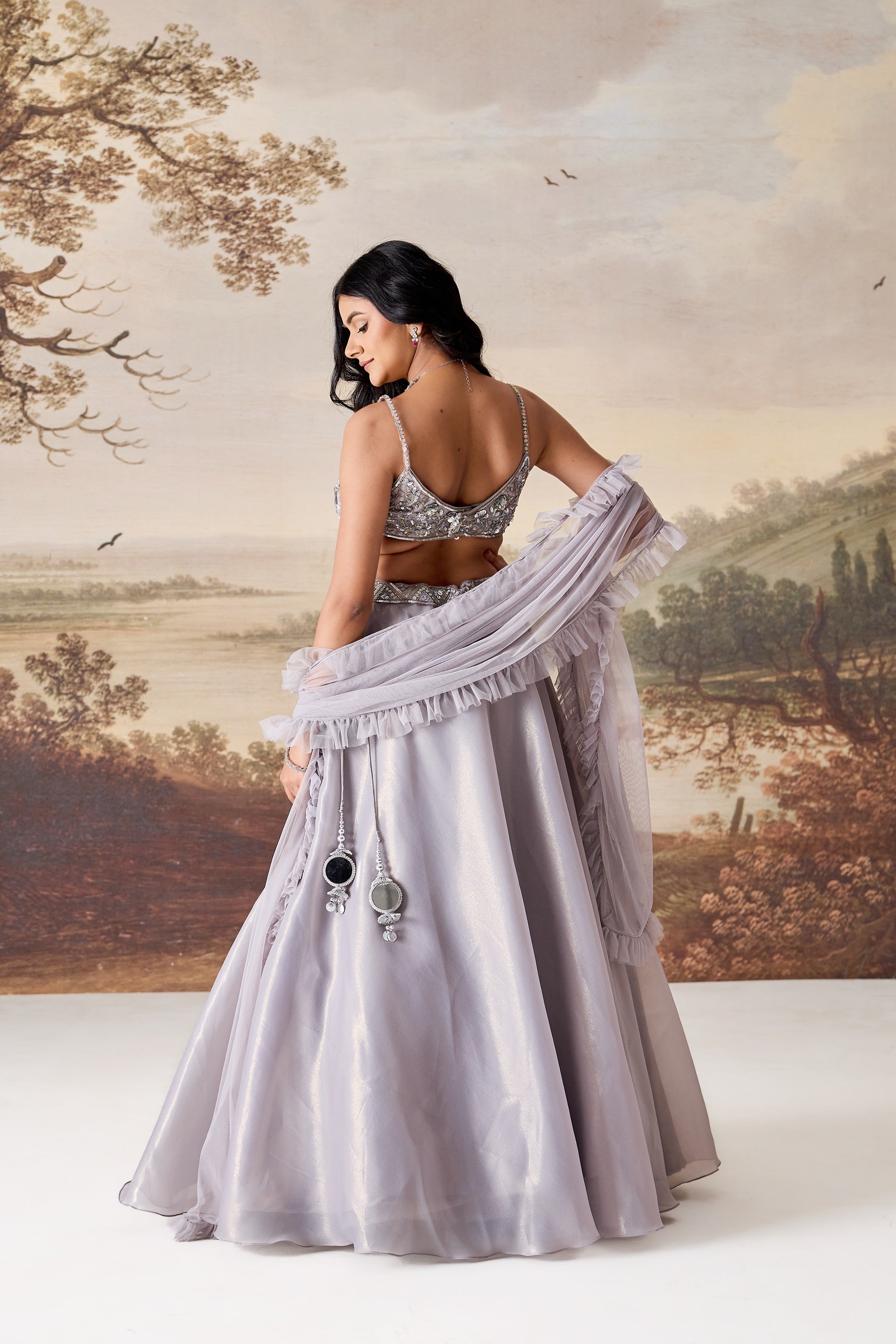 Silver Grey Emb Blouse Lehnga Dupatta Set