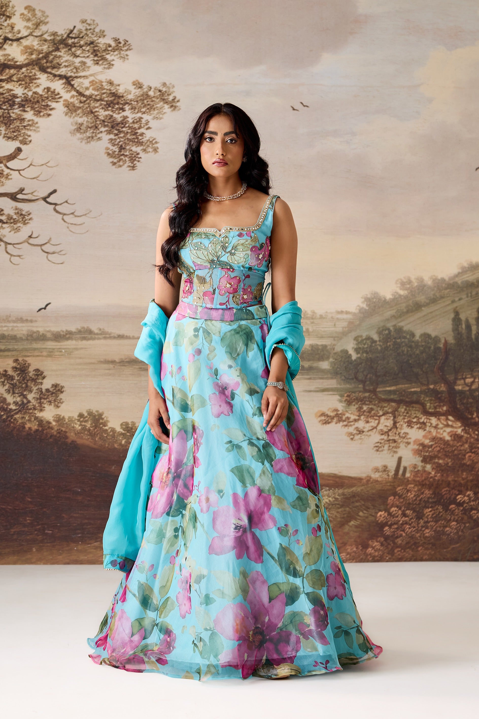 Sea Green Emb Corset Lehnga Dupatta Set