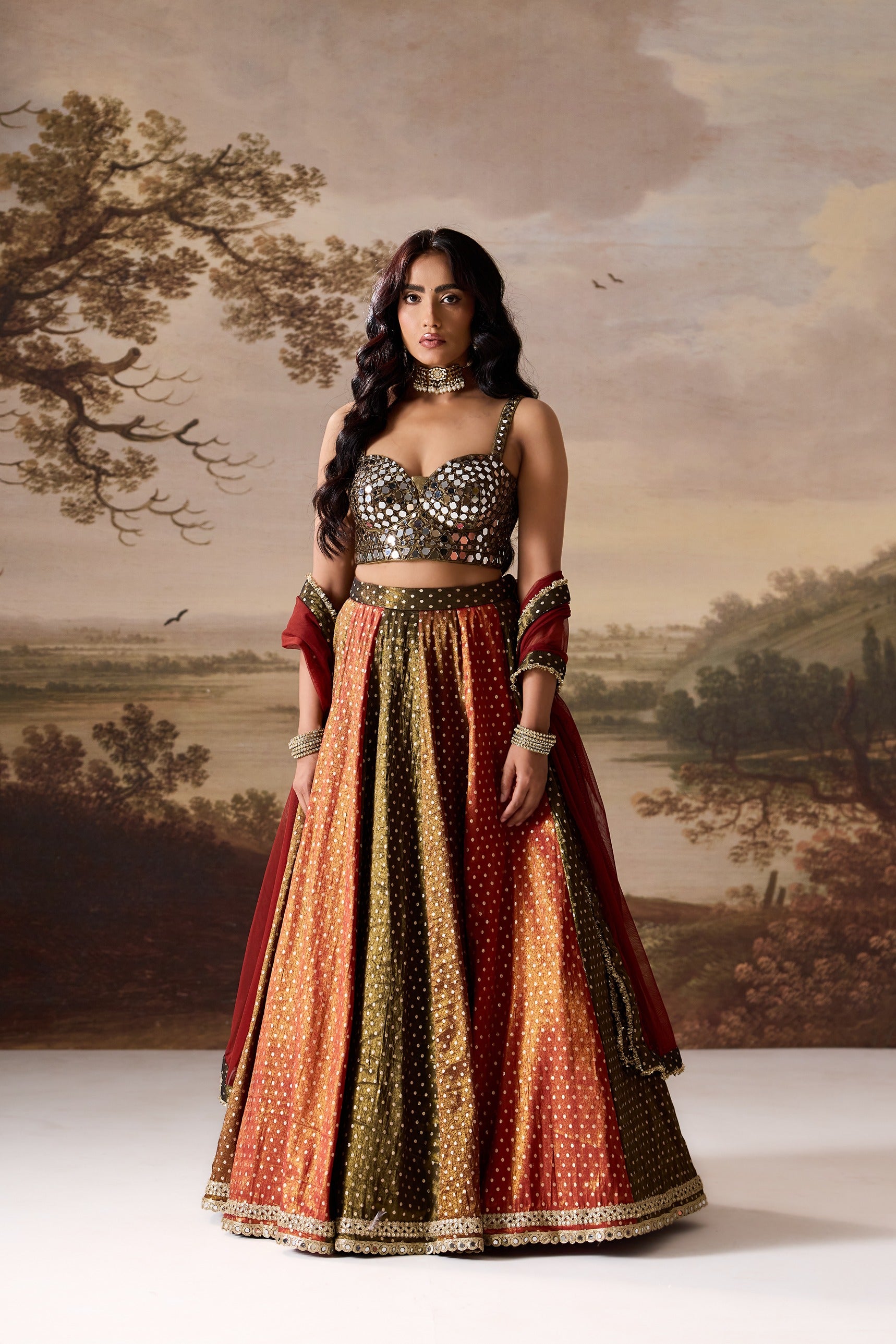 Olive Green Emb Blouse And Cosmos Multipanel Lehnga Set