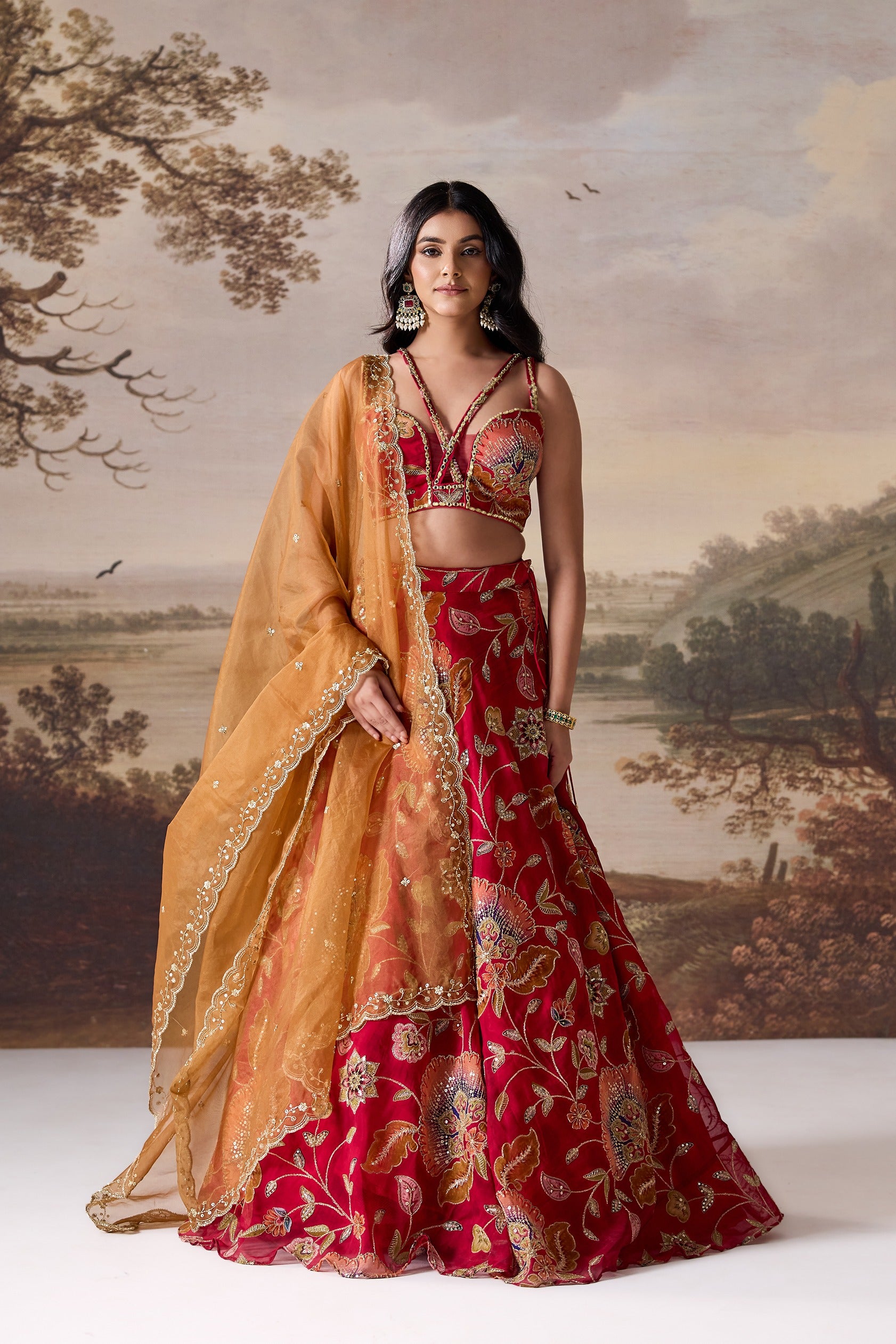 Deep Red Emb Blouse Lehnga Dupatta Set