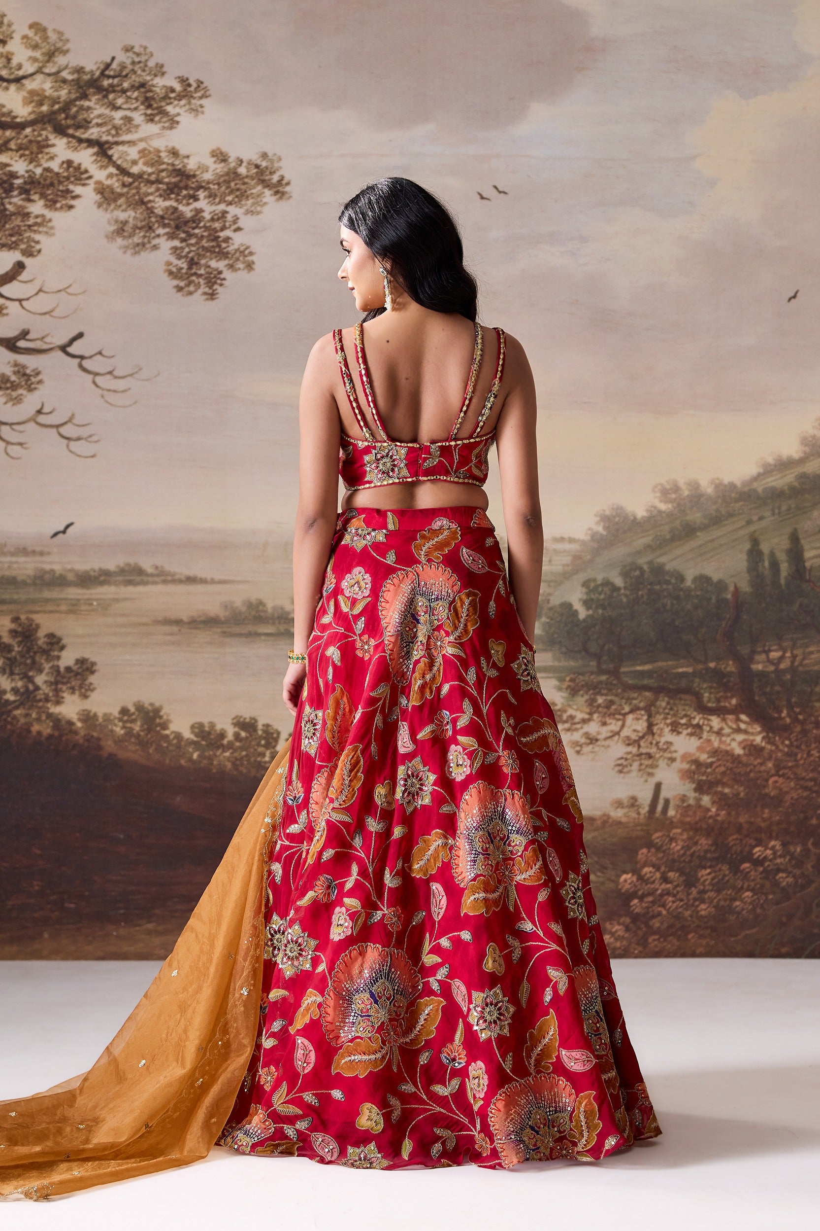 Deep Red Emb Blouse Lehnga Dupatta Set