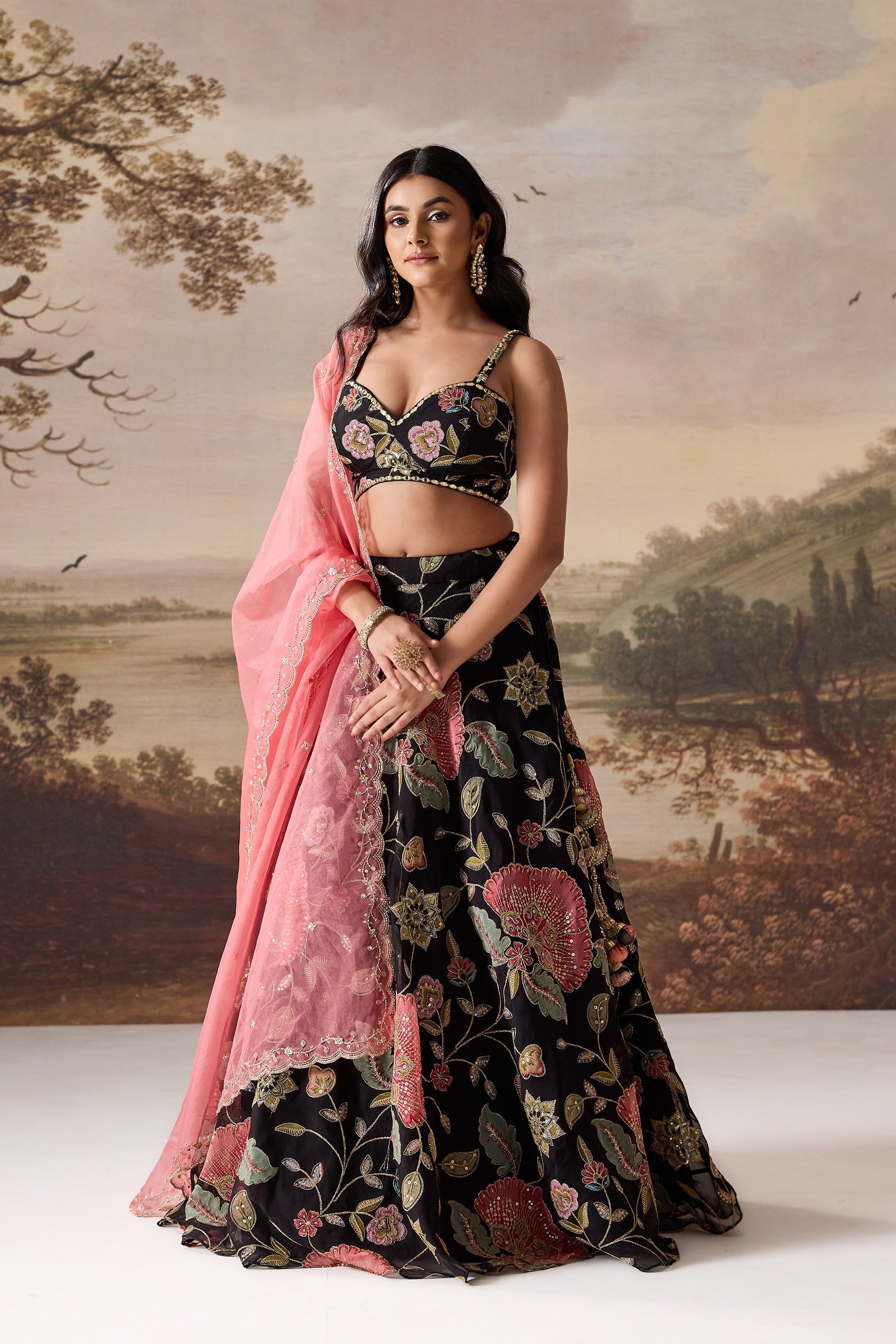 Black Emb Blouse Lehenga Dupatta Set