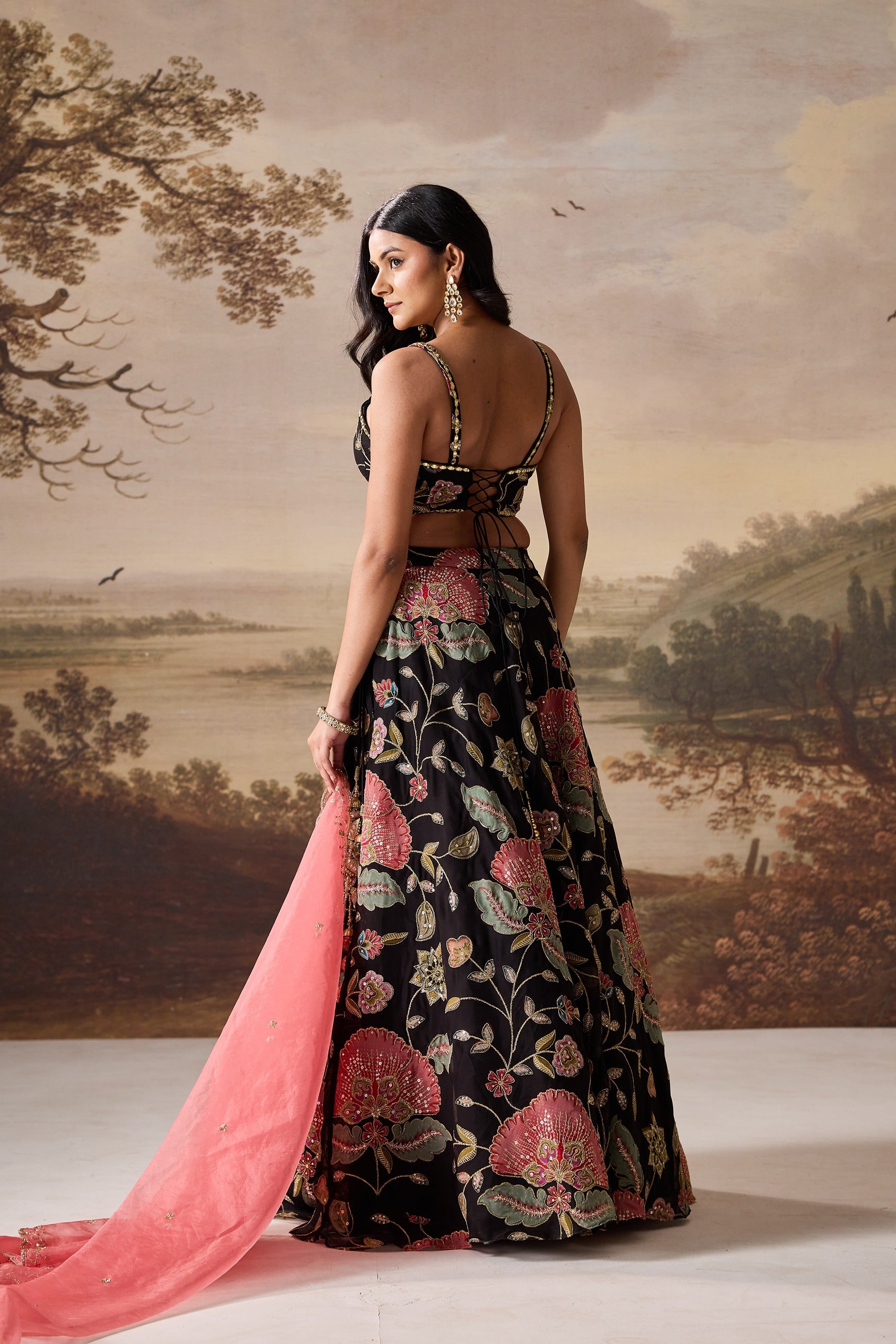 Black Emb Blouse Lehenga Dupatta Set