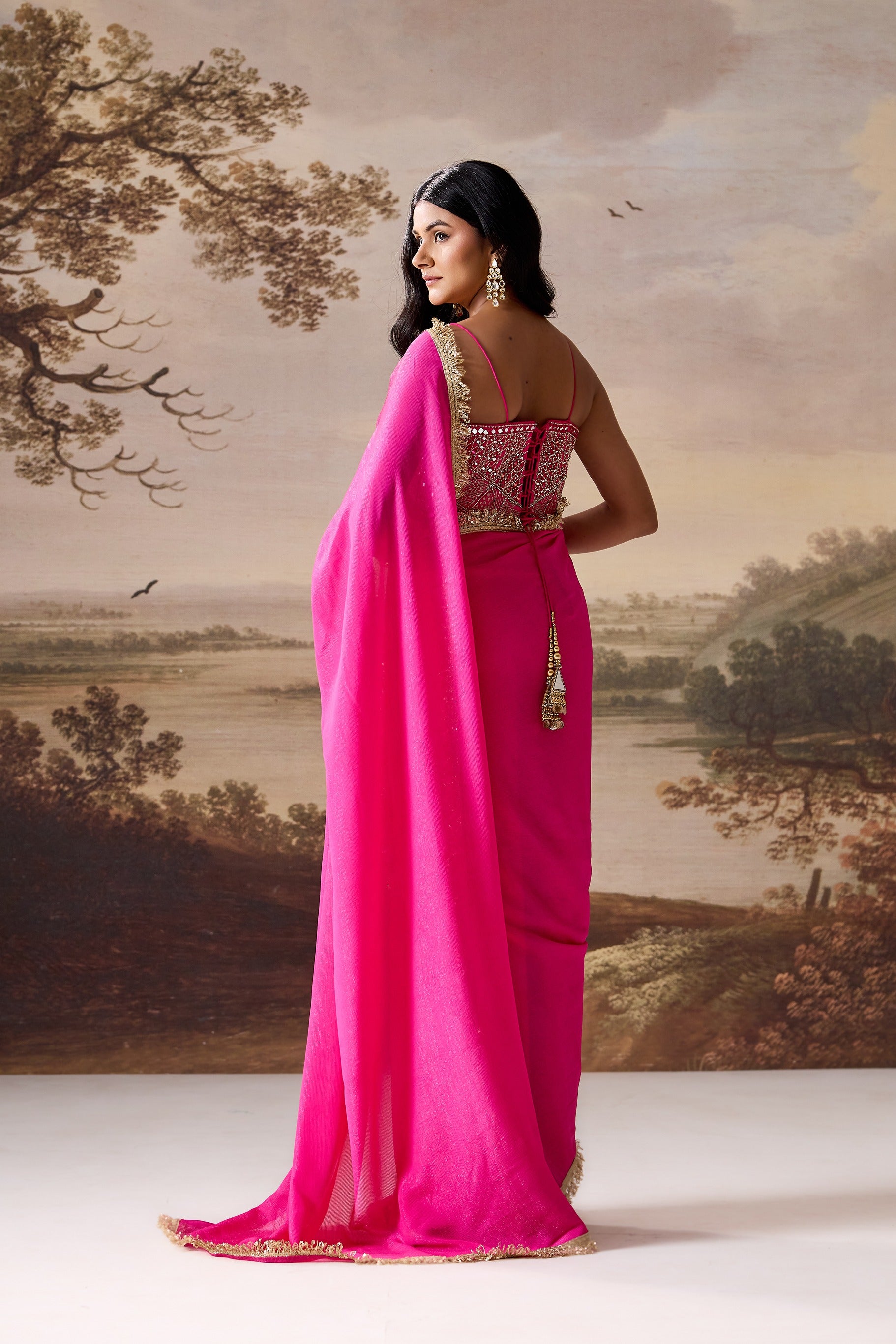 Fucsia Emb Corset Stitched Saree Set
