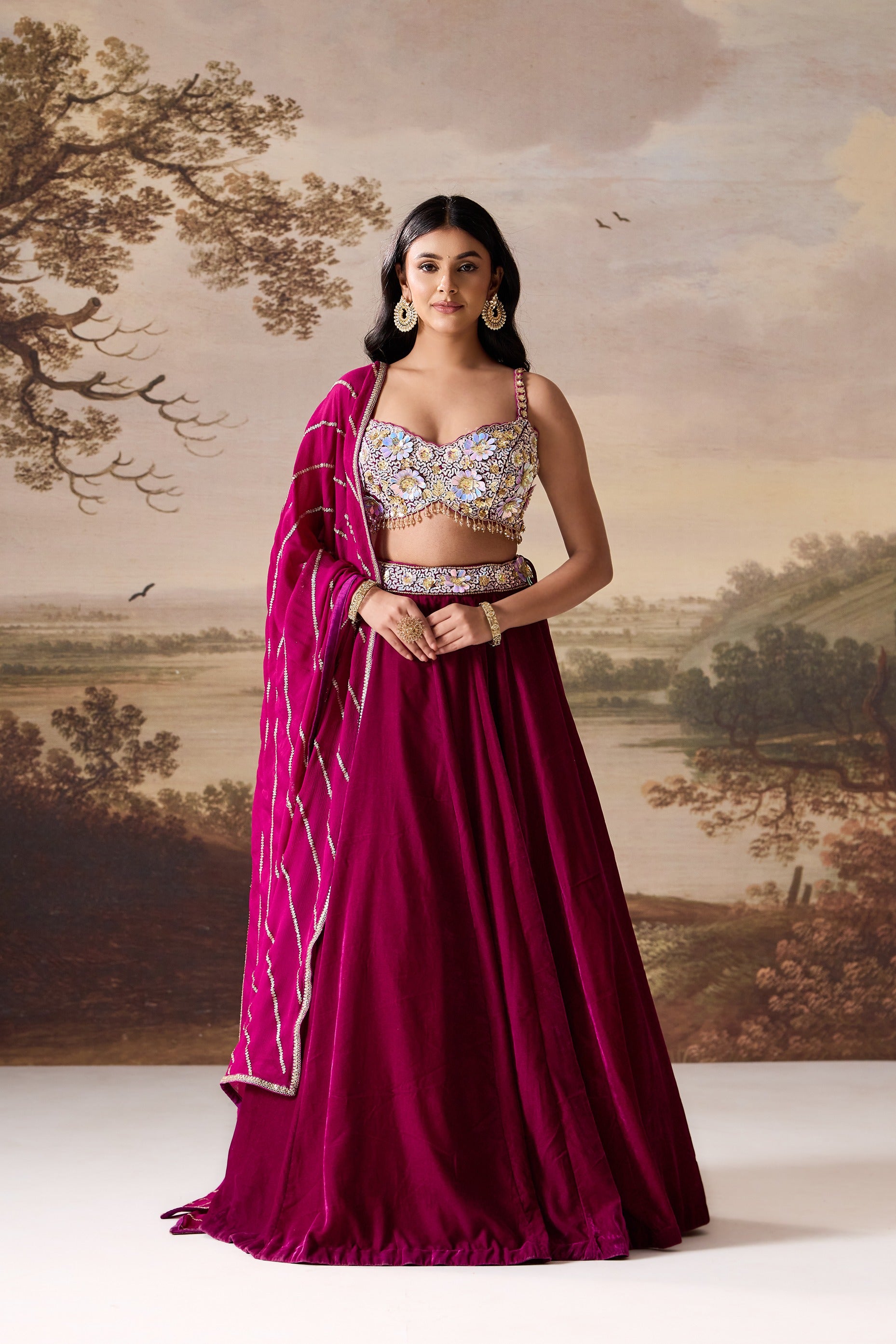 Purple Emb Bustier And Velevt Lehnga Set