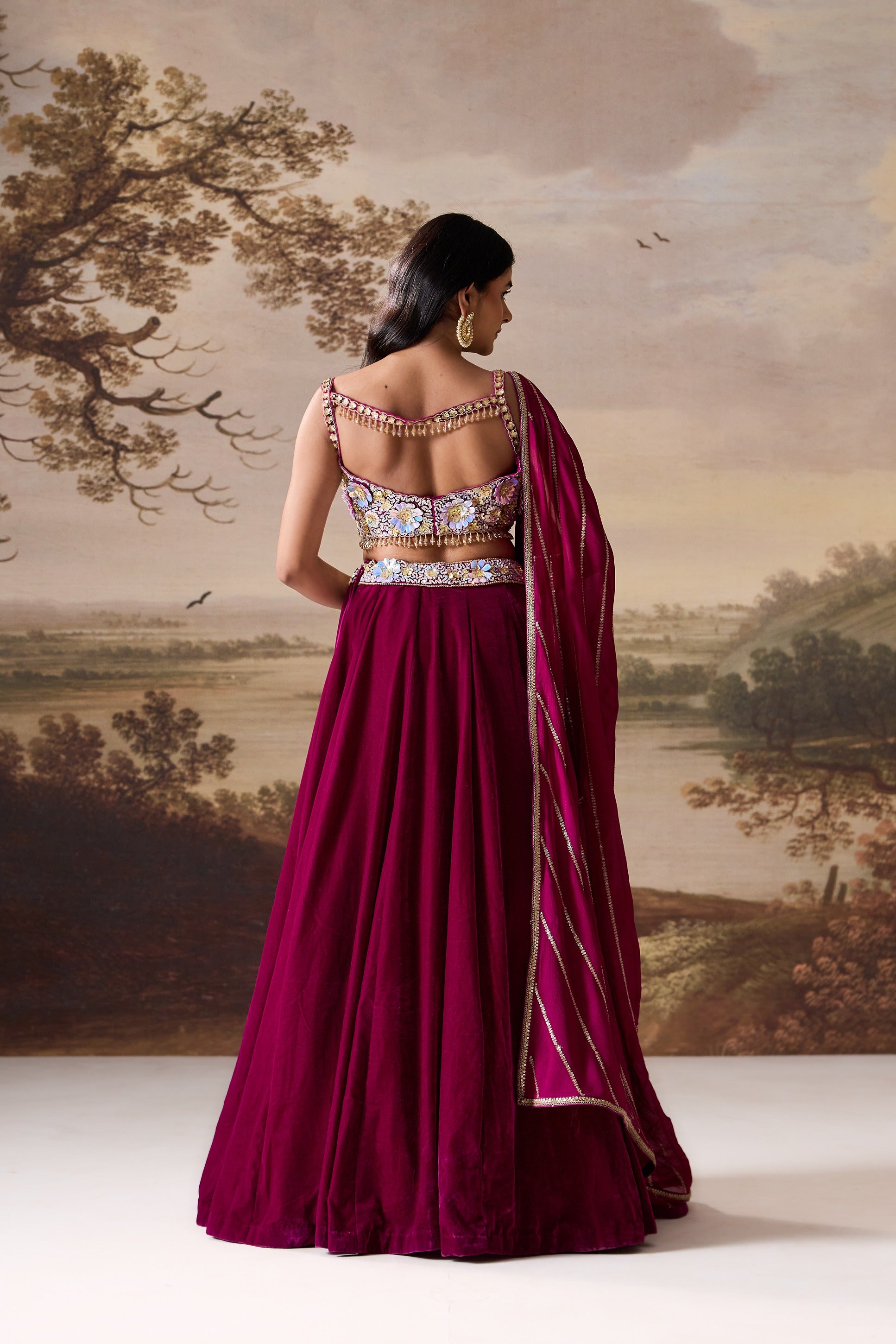 Purple Emb Bustier And Velevt Lehnga Set