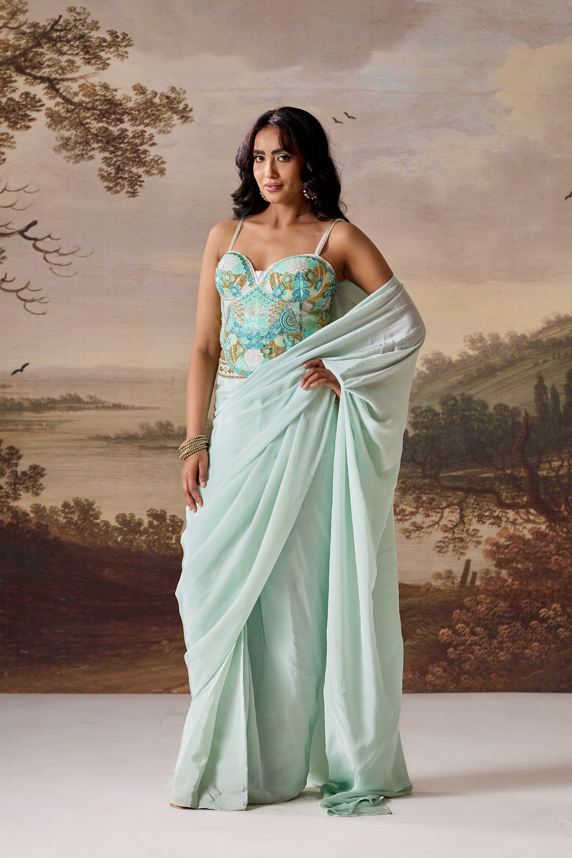 Mint Green Emb Corset Stitched Saree Set