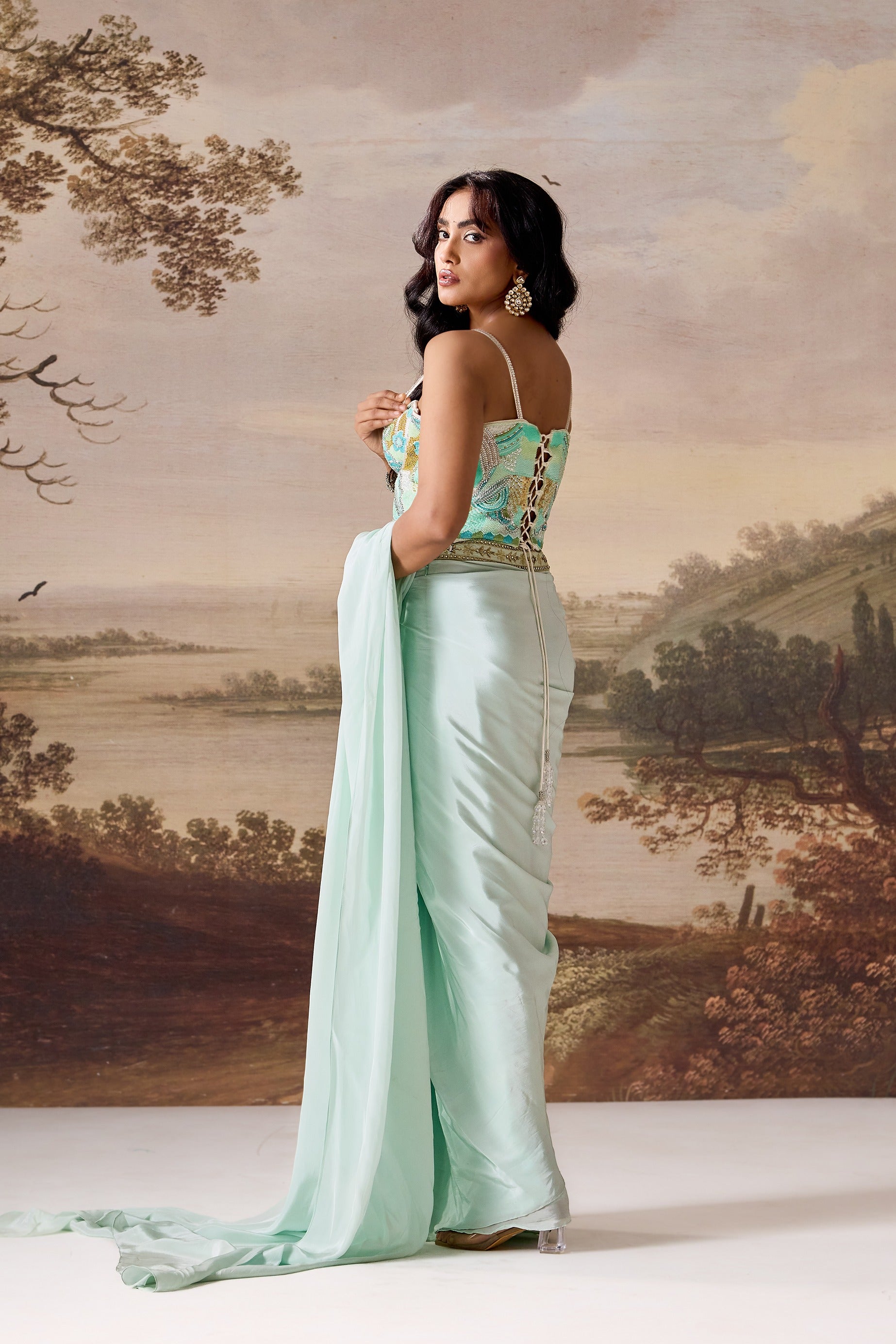Mint Green Emb Corset Stitched Saree Set