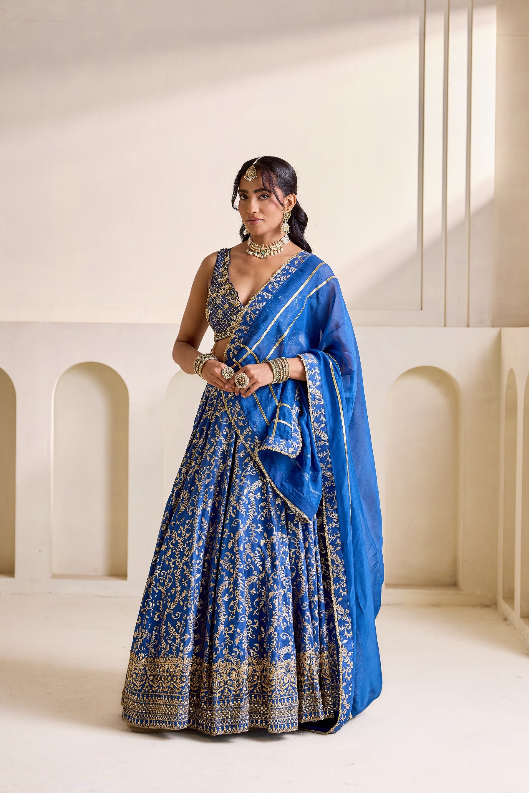 Deep Blue Emb Blouse And Brocade Lehnga Set
