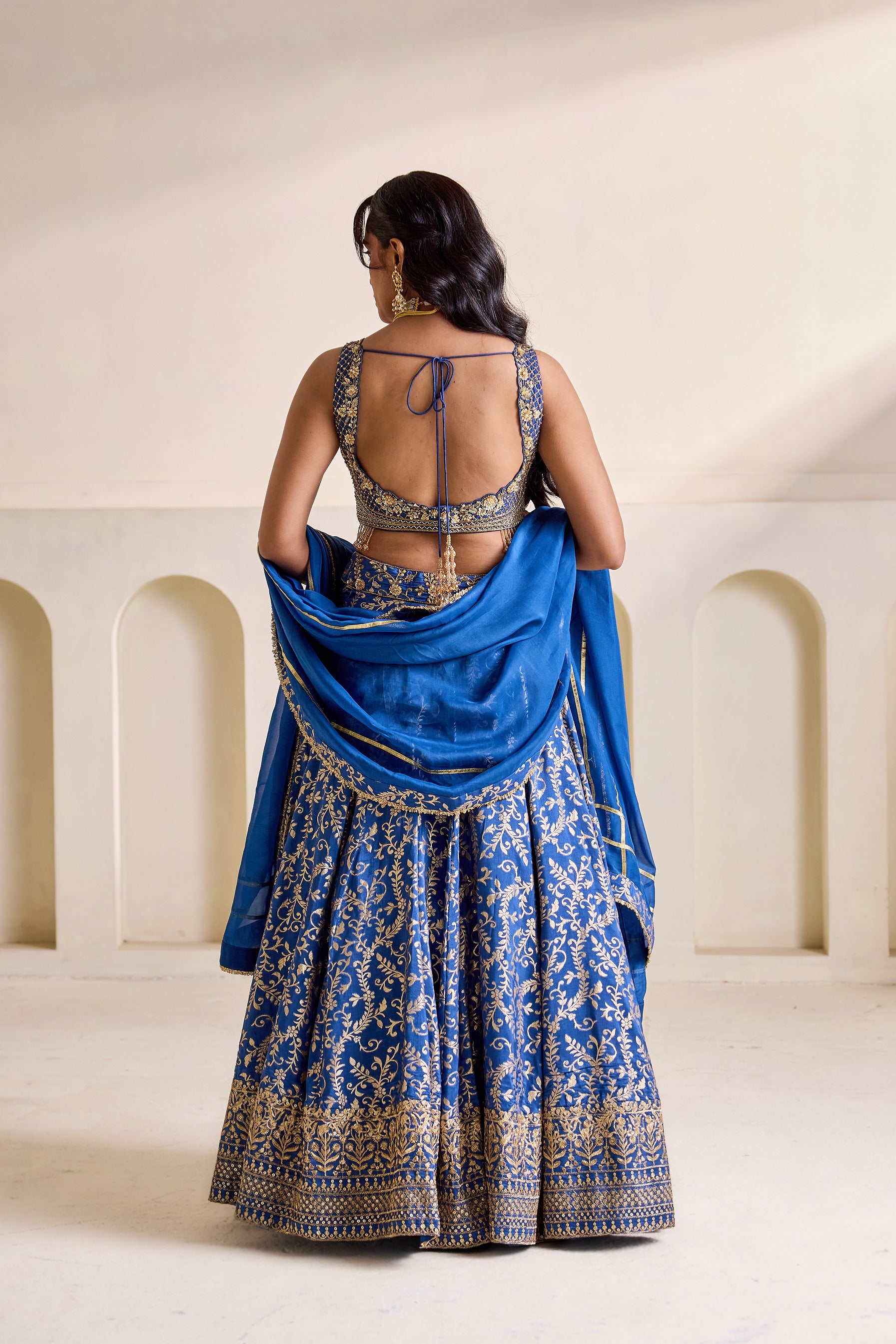 Deep Blue Emb Blouse And Brocade Lehnga Set