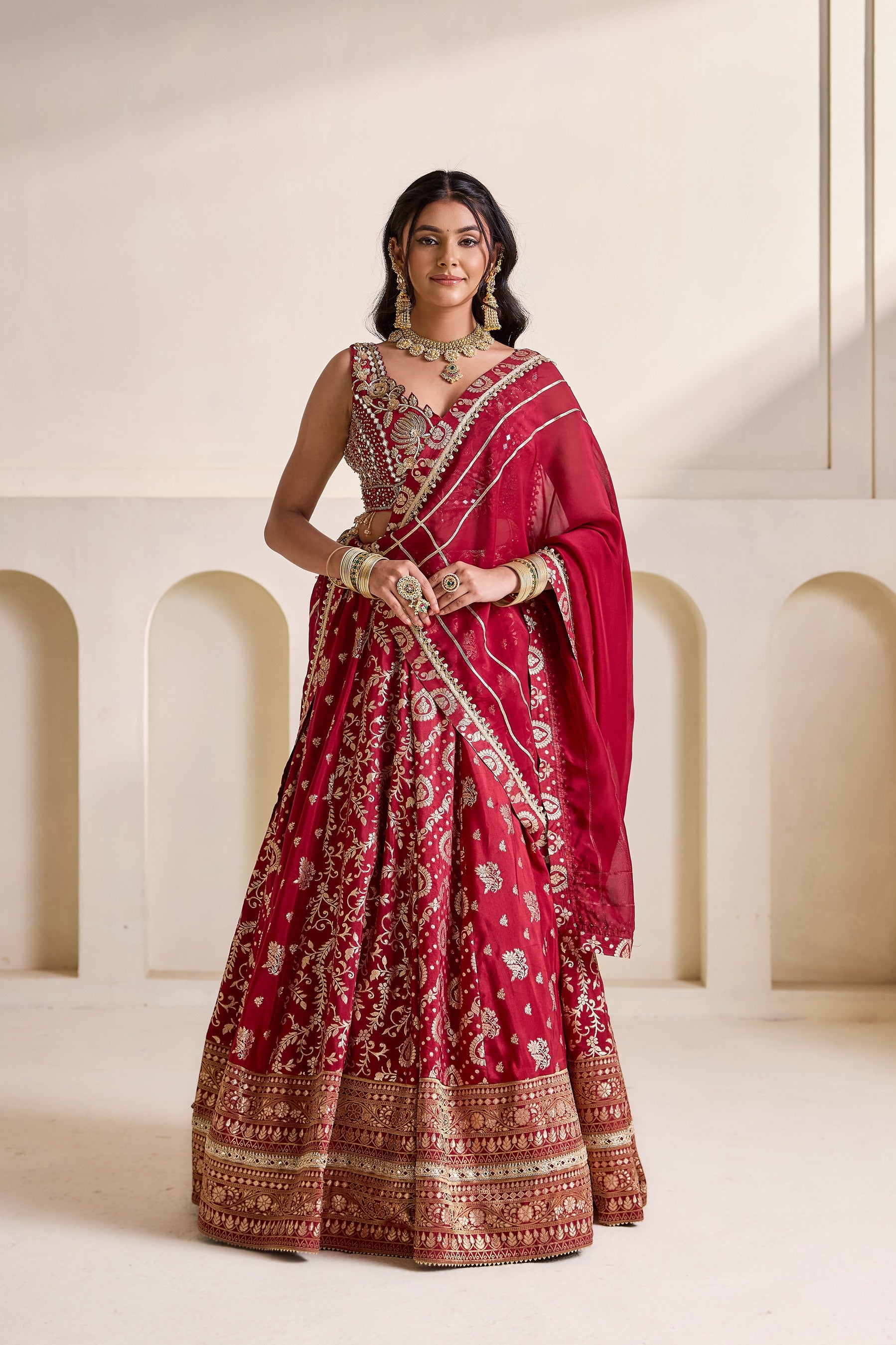 Maroon Embroidered Blouse And Banarsi Lehnga Set