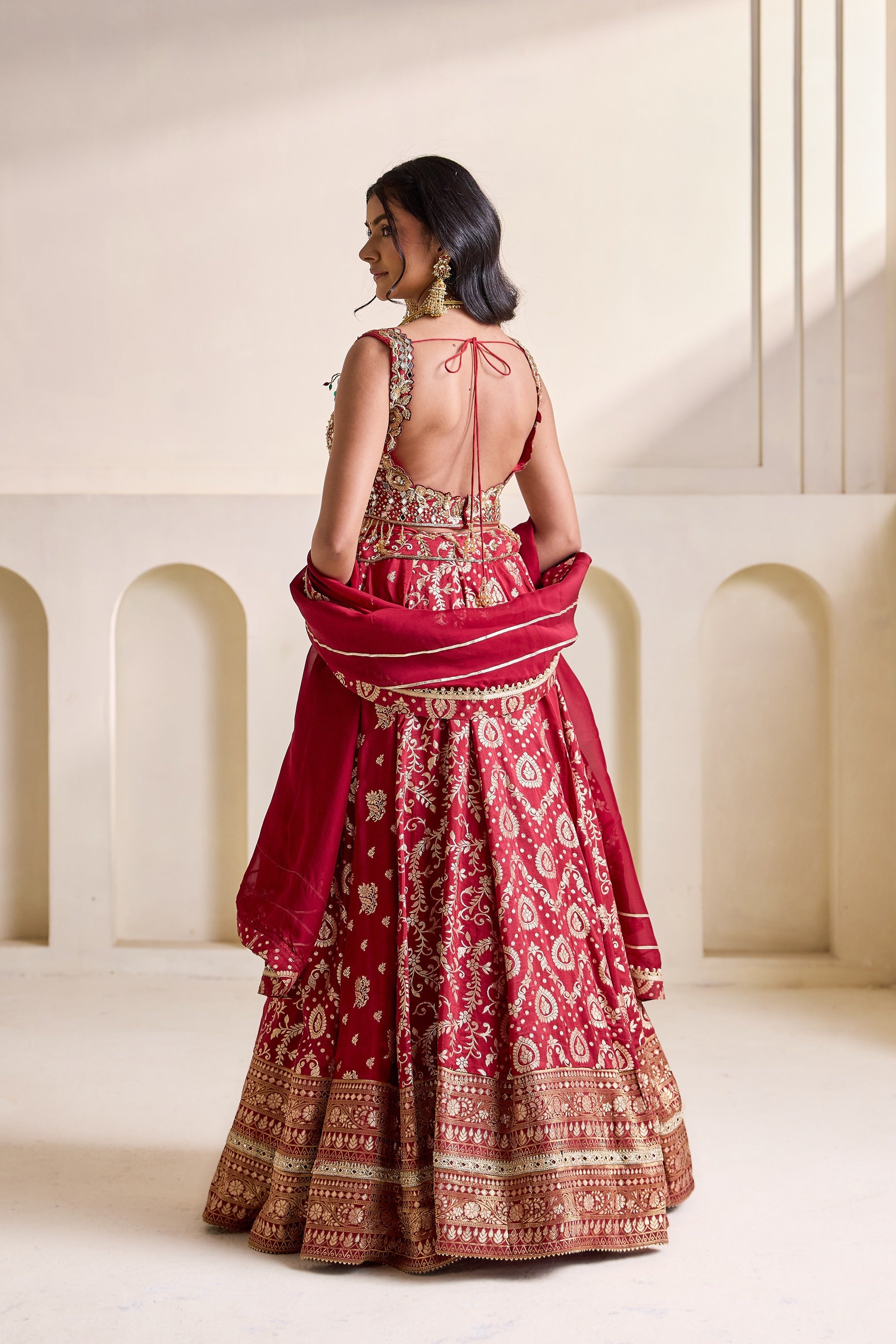 Maroon Embroidered Blouse And Banarsi Lehnga Set