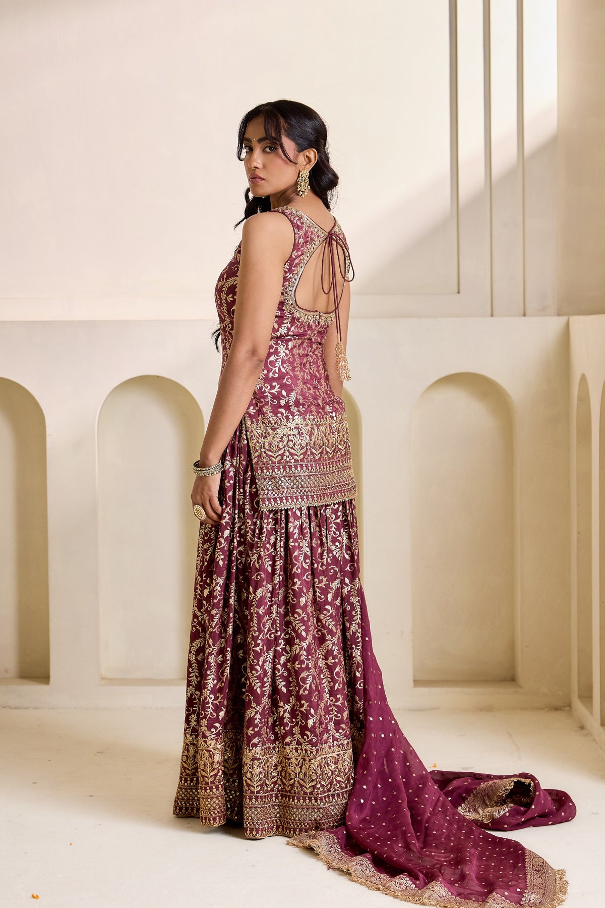 Wine Embroidery Banarsi Kurti Amd Sharara Set