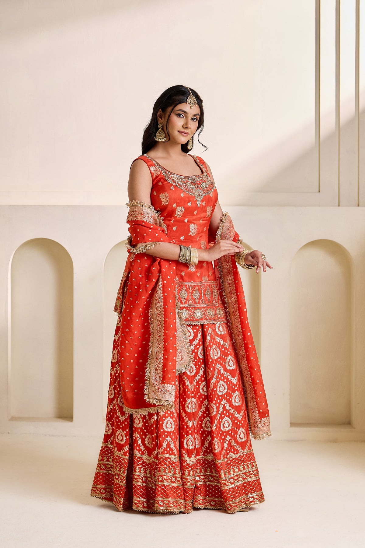 Rust Orange Banarsi Kurti And Sharara Set