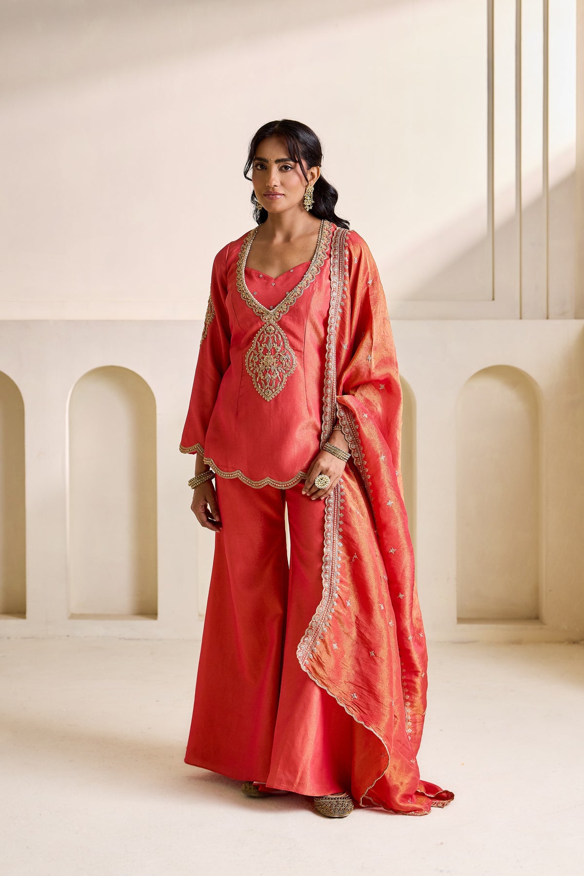 Orange Embroidery Cosmos Kurti Bustier And Flare Plazo Set