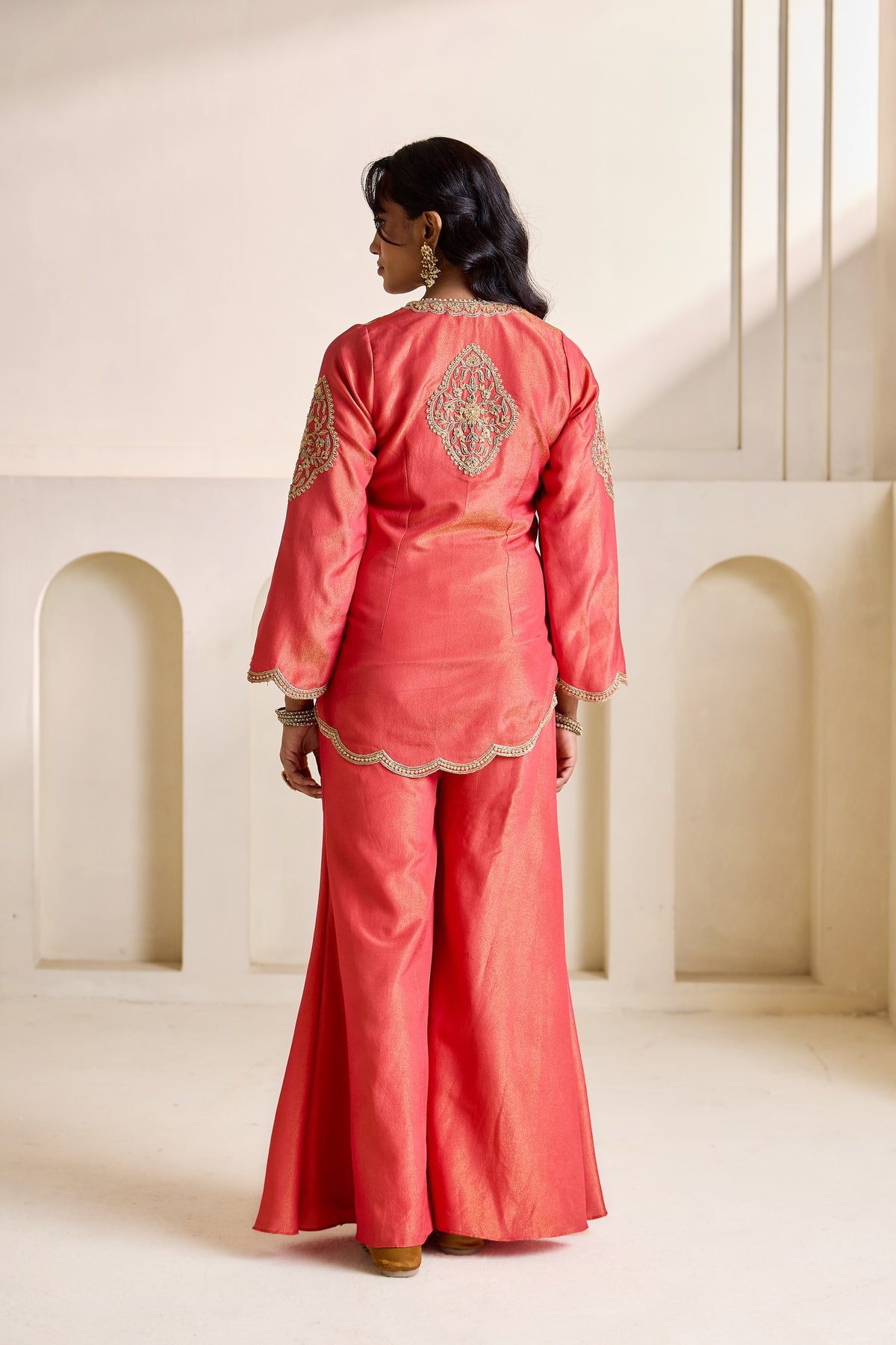 Orange Embroidery Cosmos Kurti Bustier And Flare Plazo Set