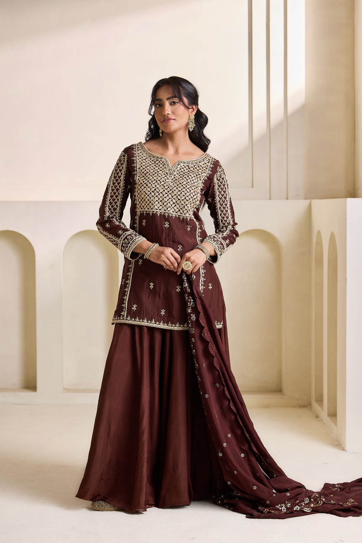 Brown Embroidery Kurti Set