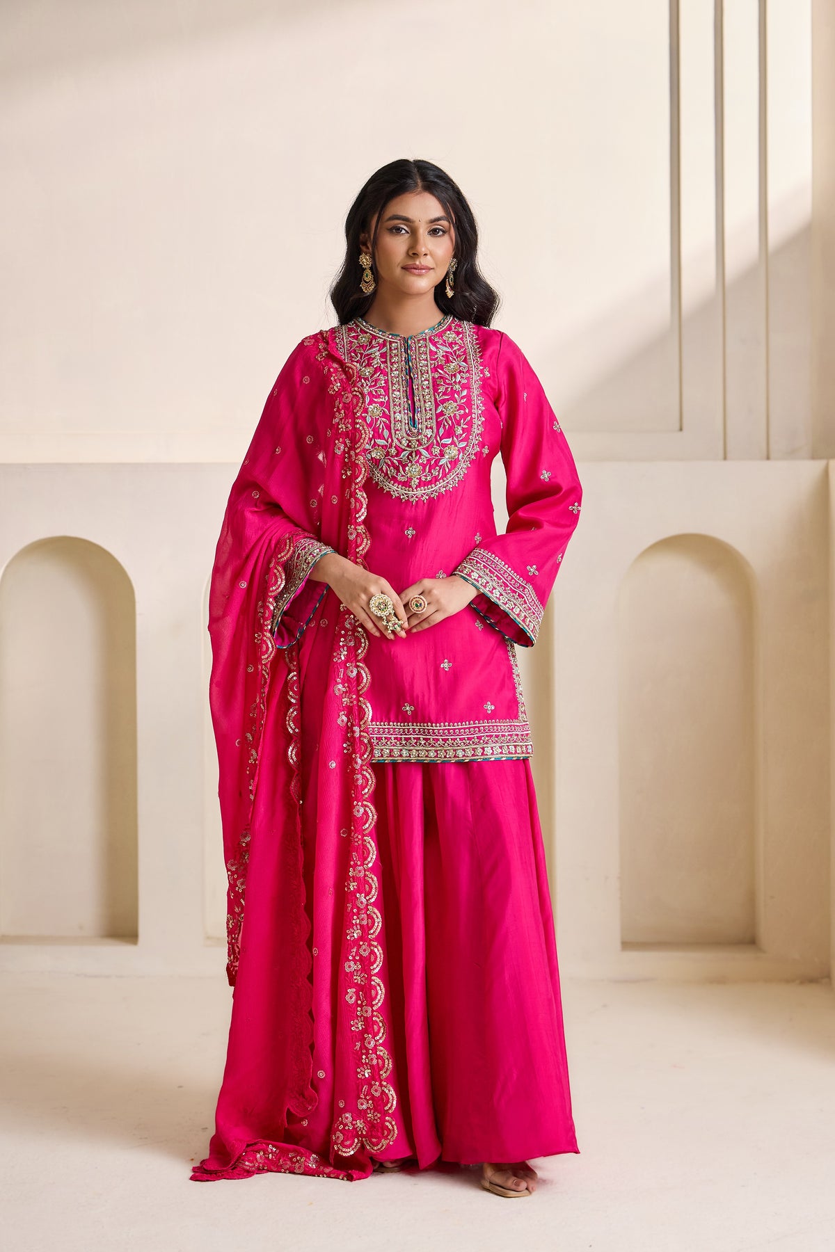 Fucsia Embroidery Kurti Sharara Set