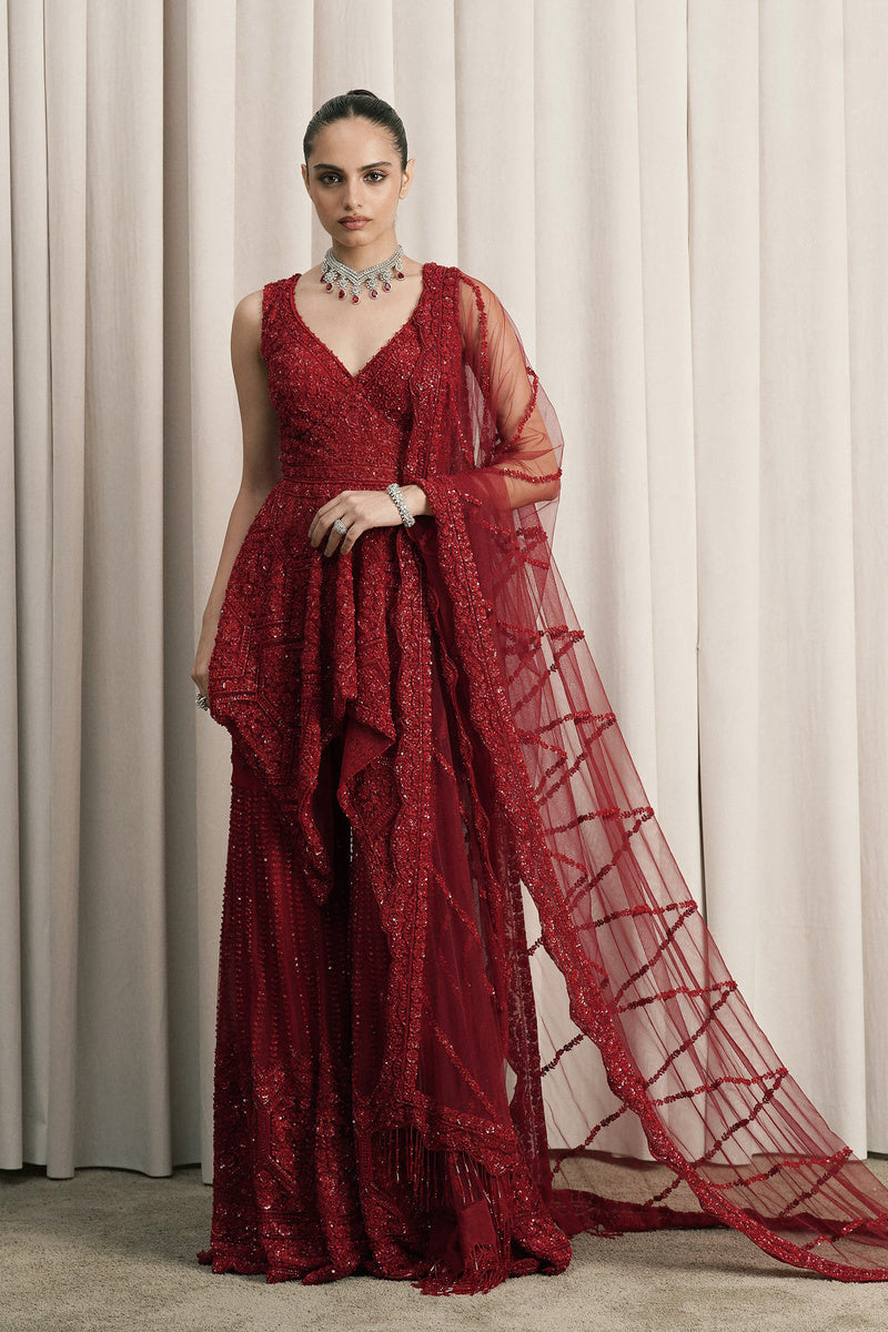 RED EMBROIDERED NET SHARARA SET WITH DUPATTA