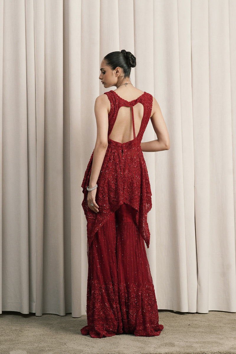 RED EMBROIDERED NET SHARARA SET WITH DUPATTA