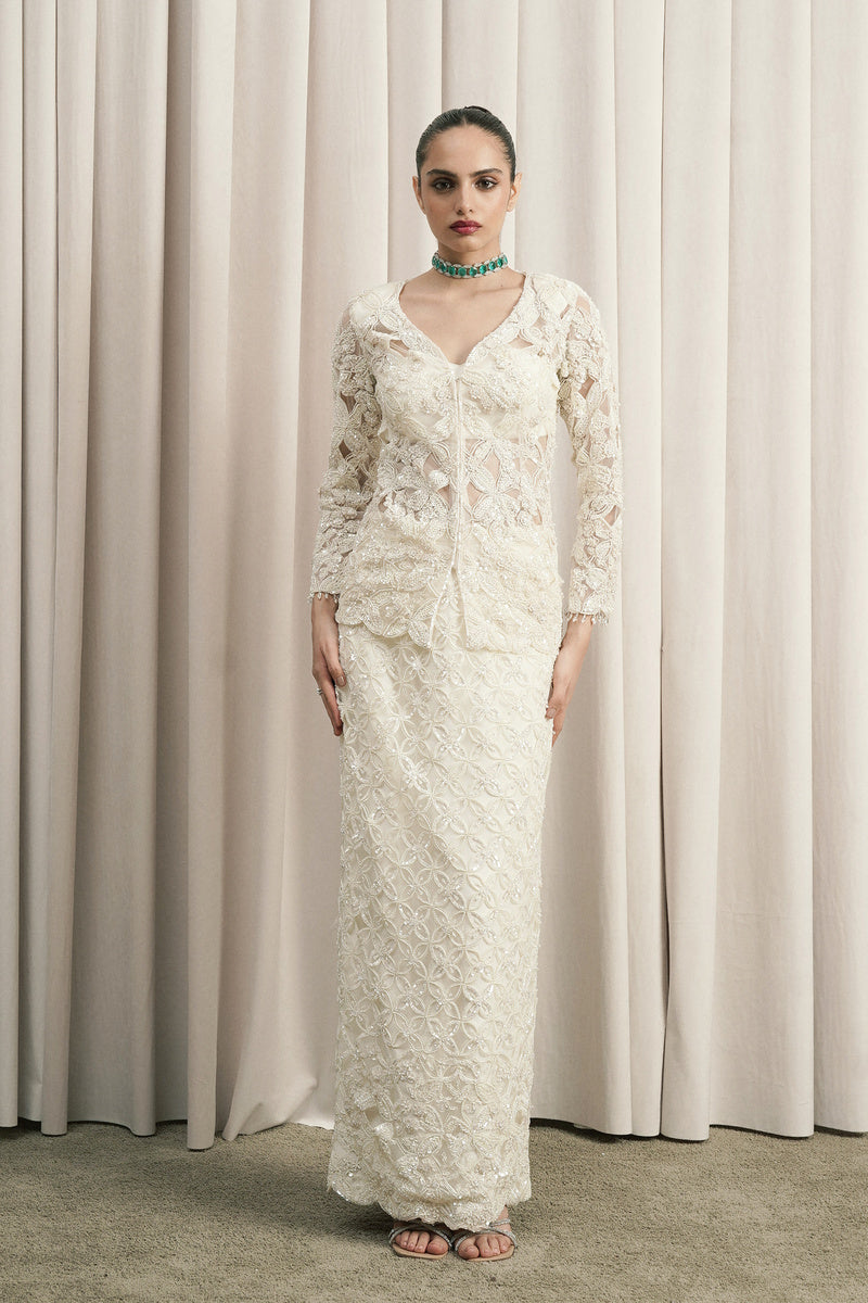 IVORY EMBROIDERED OPEN JACKET SET WITH SKIRT