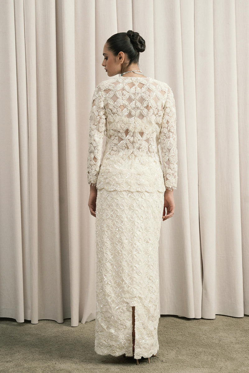IVORY EMBROIDERED OPEN JACKET SET WITH SKIRT