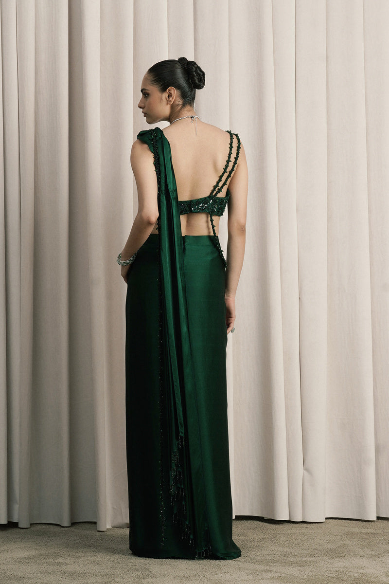 EMERALD GREEN DRAPED SATIN SAREE WITH BLOUSE