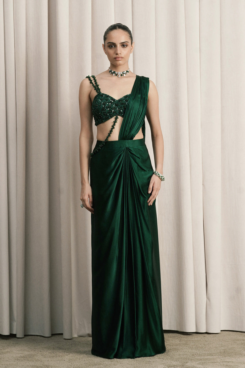 EMERALD GREEN DRAPED SATIN SAREE WITH BLOUSE