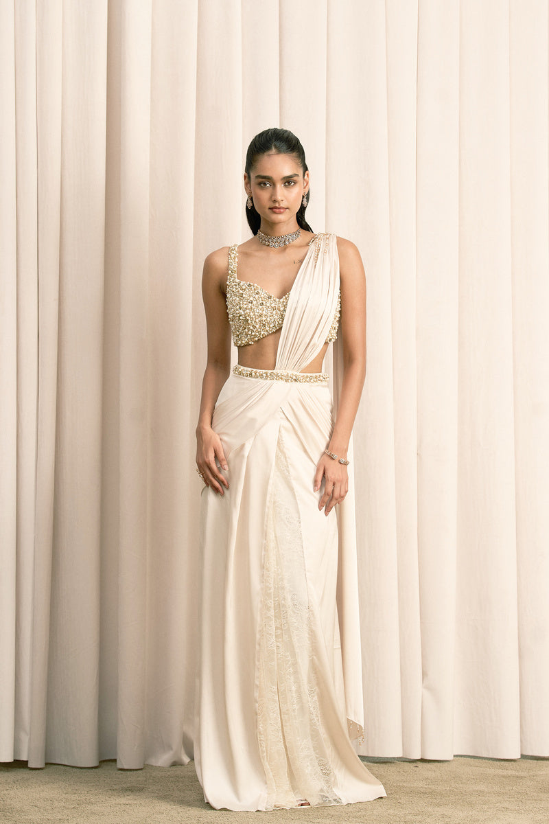 IVORY DRAPED SATIN SAREE WITH EMBELLISHED BLOUSE
