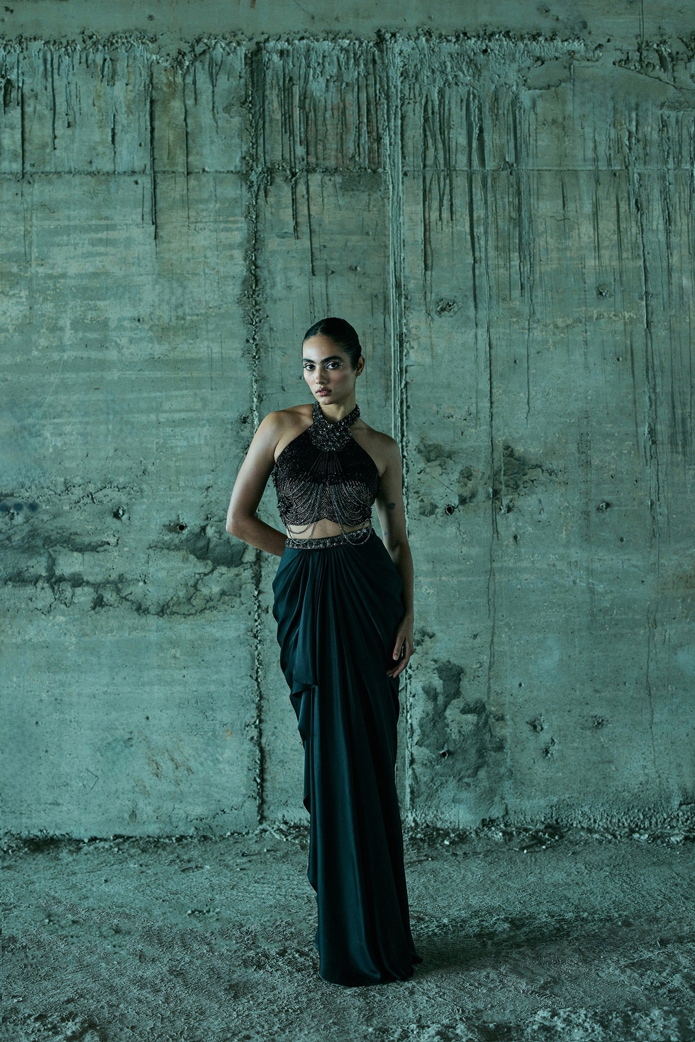 Black Hand Embellished Bustier With Skirt Set