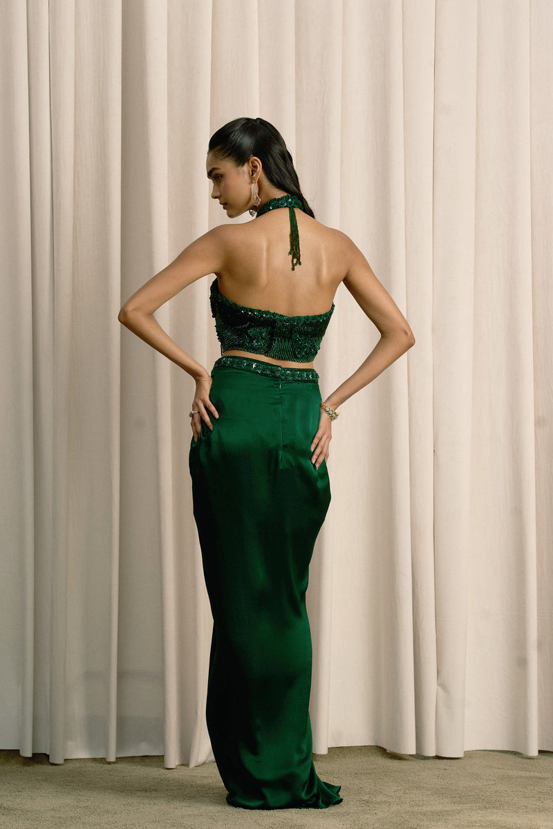 EMERALD GREEN HALTER TOP WITH PLEATED SKIRT