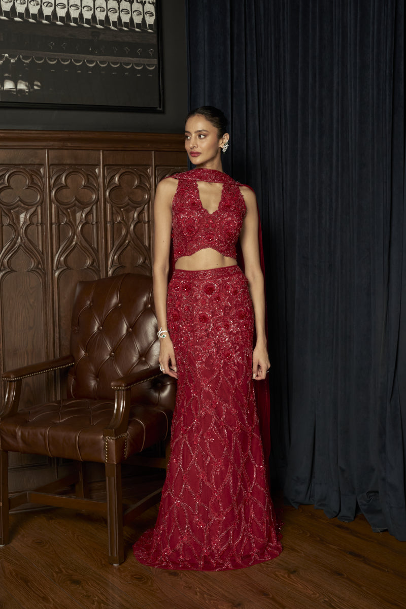 Red Fishcut Lehenga Set