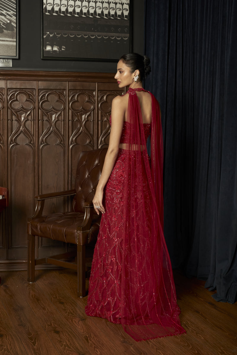 Red Fishcut Lehenga Set